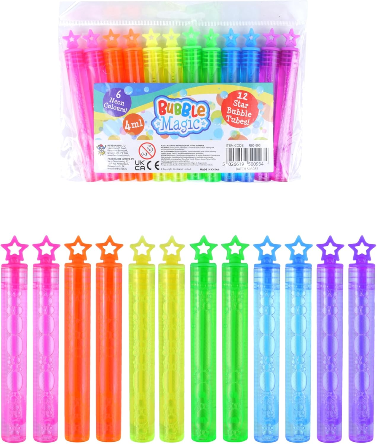 HENBRANDT Bubble Tube Pack of 12 - Neon Bubble Tubes with Star Lids for Kids, Ages 3+