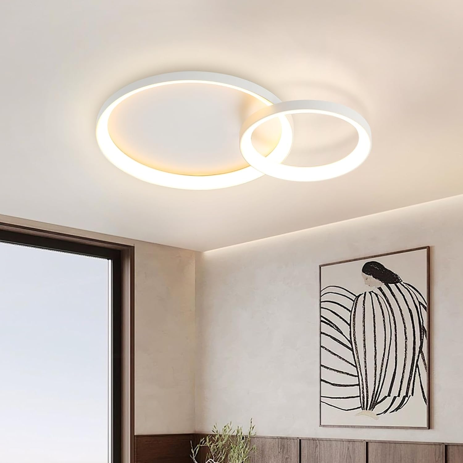 RRBEST LED Ceiling Light Living Room Ceiling Light, 28 W/57 Cm Dimmable Modern Living Room Lamp with Remote Control, 3000 K - 6000 K, Black 2-Ring Design Bedroom Lamp for Dining Room, Study image number 2