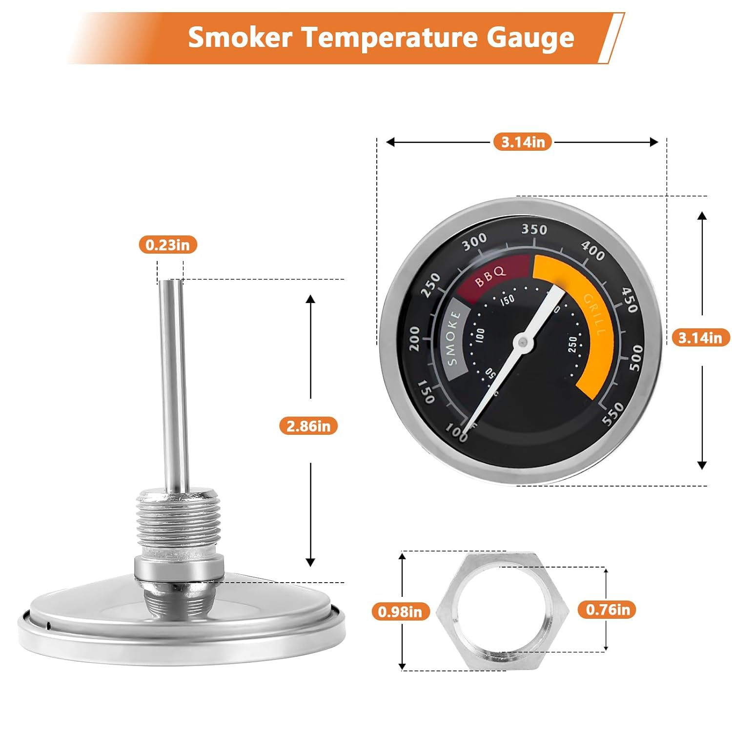 3695528R06 Analog Smoker Temperature Gauge Compatible with Oklahoma Joe'S Smokers and Most 13/16-Inch Opening Charcoal Grills & Charcoal Smokers, BBQ Temp Gauge Stainless Steel Thermometer (2Packs) image number 5