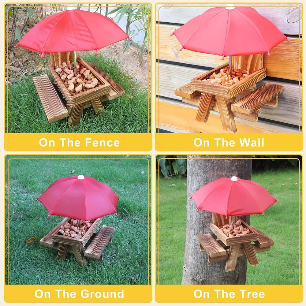 HYAVIA Wooden Squirrel Feeder with Umbrella &ndash; Picnic Table Design with Corn Holder, Hanging Chipmunk Feeding Station for Outdoors, Solid Screwed Wood image number 4