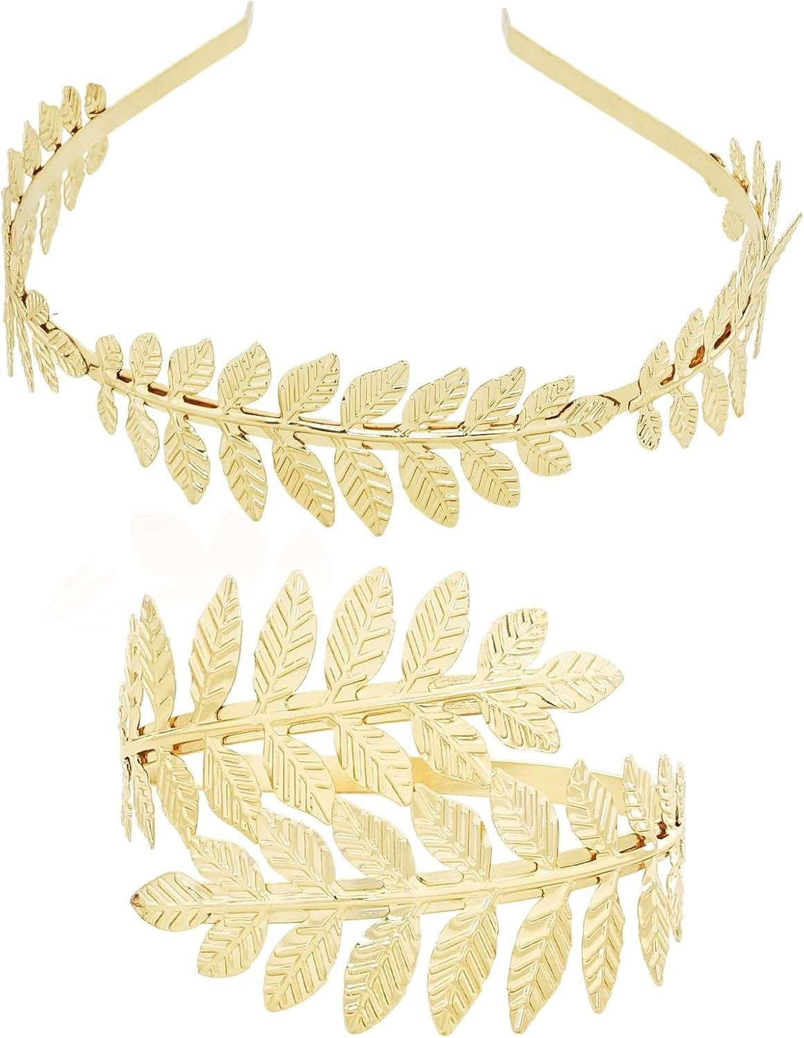 2Pcs Greek Goddess Headband Arm Cuff Bridal Jewelry Set Roman Leaf Branch Crown Upper Arm Band Bracelet for Women