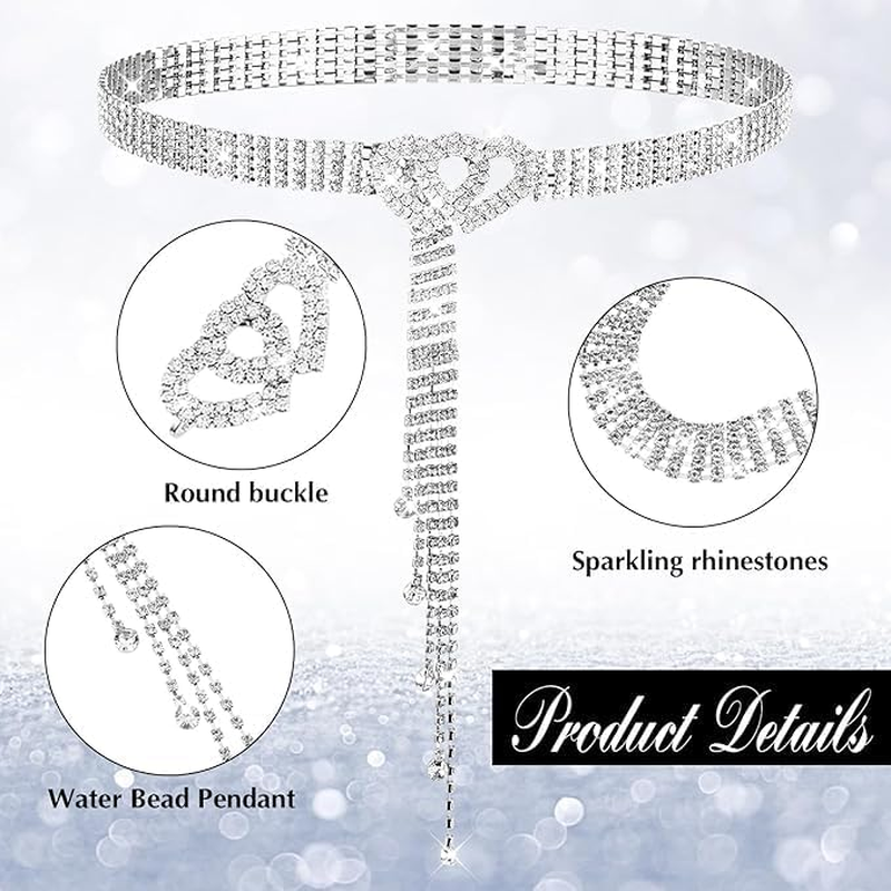 Rhinestone Waist Belt with Heart Buckle, Crystal Waist Chain Belt Adjustable Shiny Diamond Waistband Belt for Women