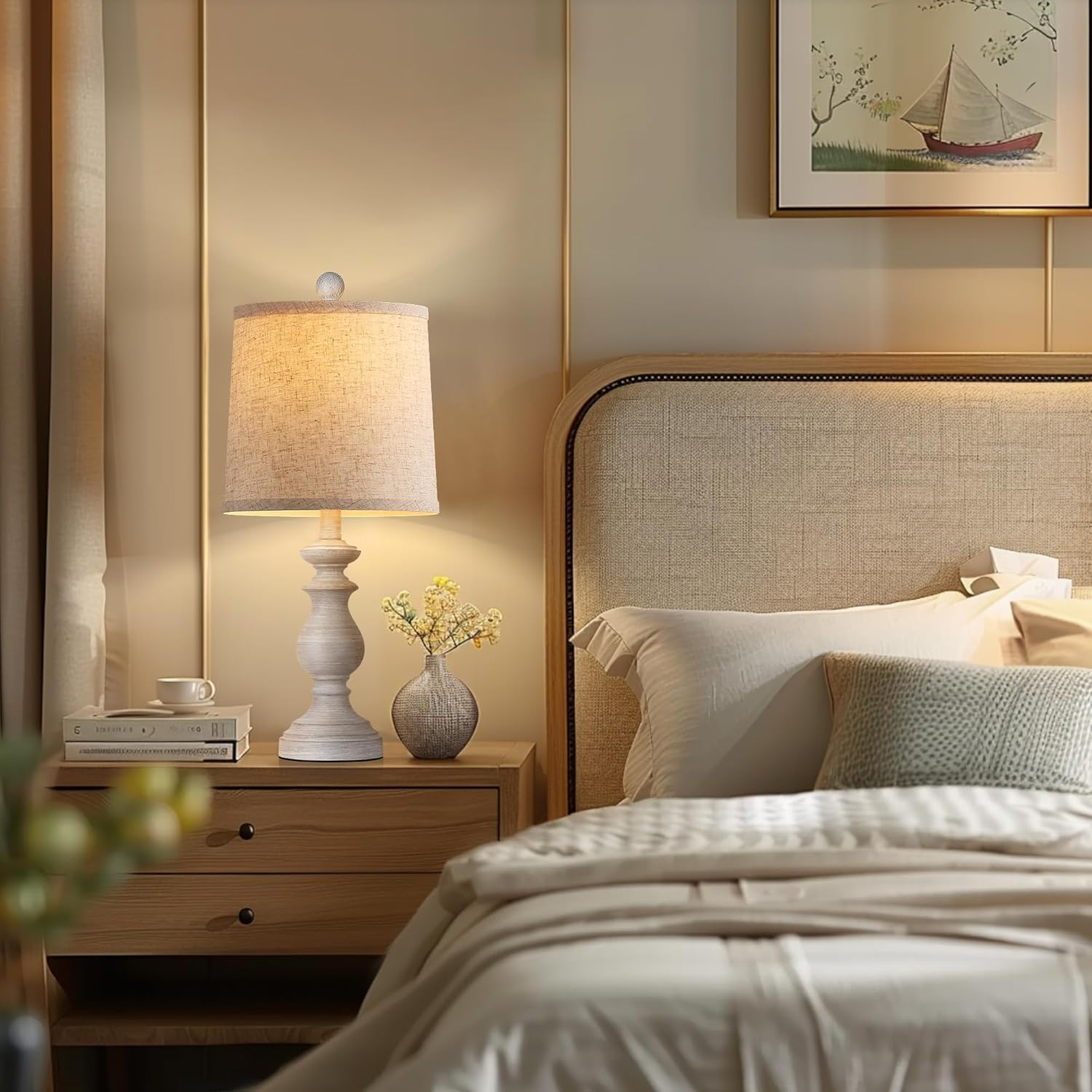 Telfun Traditional Table Lamp Set of 2, Rustic Farmhouse Table Lamps for Living Room Bedroom, 22" Bedside Desk Lamps Vintage Nightstand Lamps with Linen Shades, Antique Grey image number 2