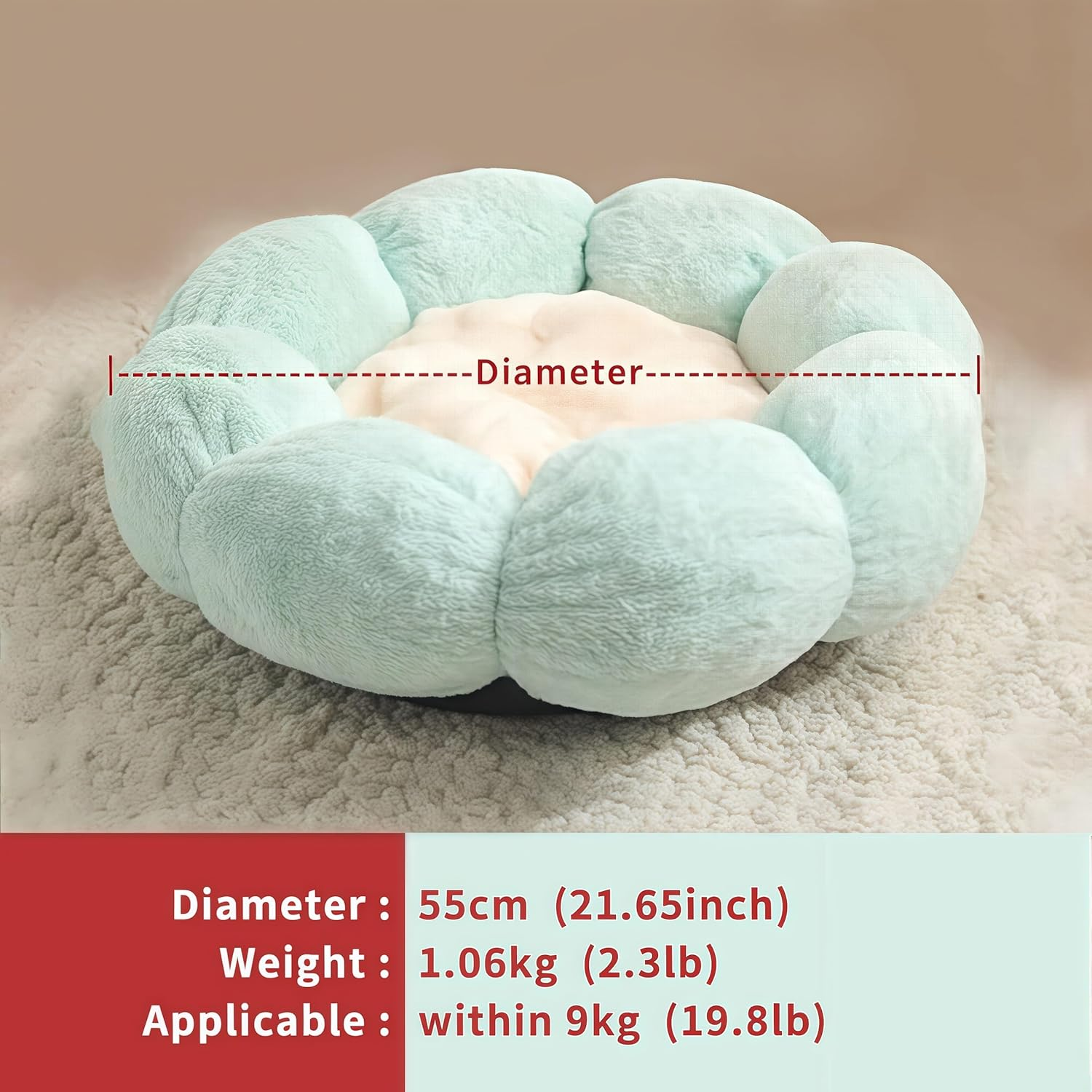 Life'Bea Flower Shaped Pet Bed for Cats & Small Dogs - Cozy & Calming Plush Cushion, Soft Rabbit Fur-Like Fabric, Non-Slip Bottom, Machine Washable - Deep Sleep-Light Green, 55Cm image number 6