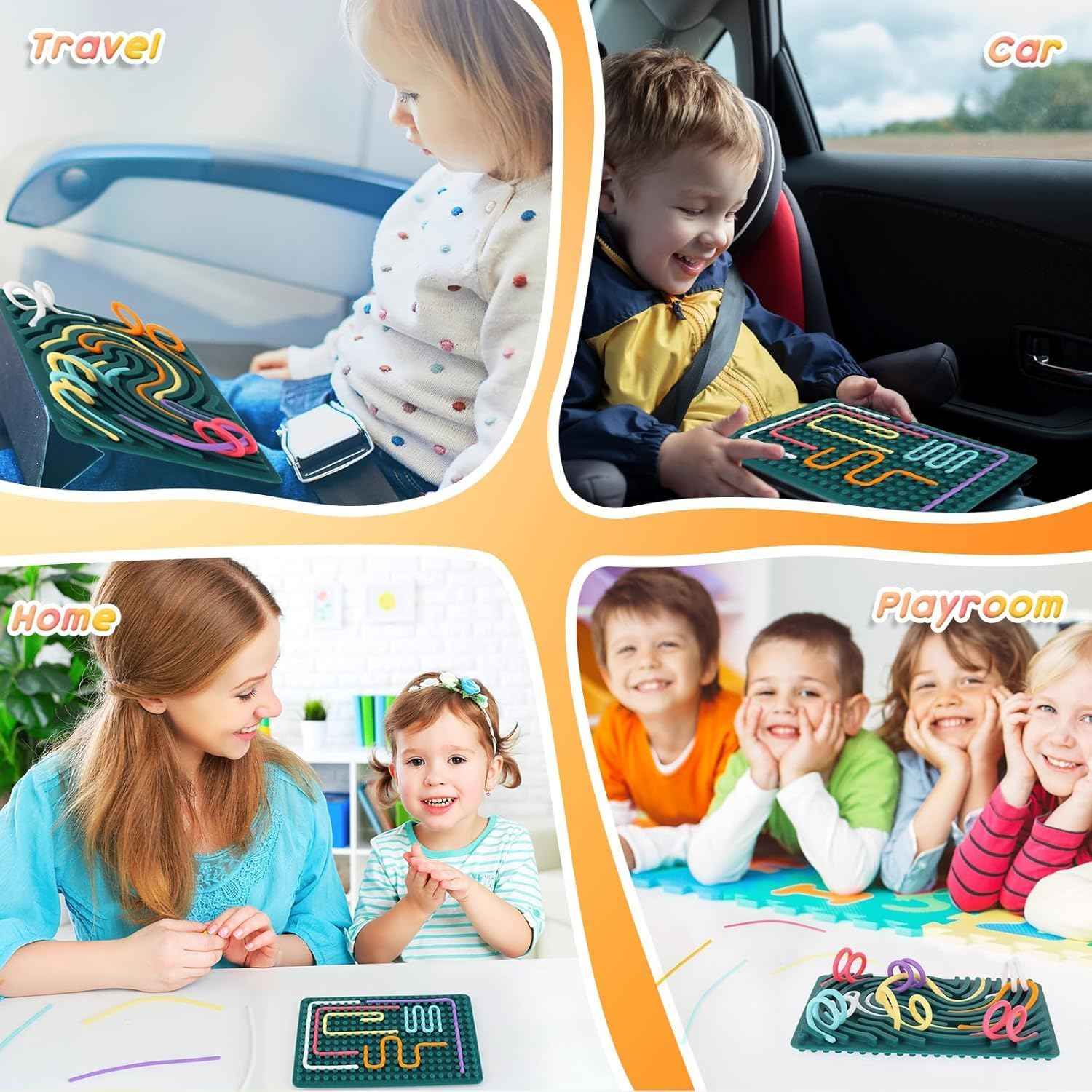 2Pcs Fidget Sensory Activity Board with 20 Strings, Silicone Fidget Toy for ADHD, Autism, Stress Relief, Educational Learning Toy for Kids 3+ and Adults