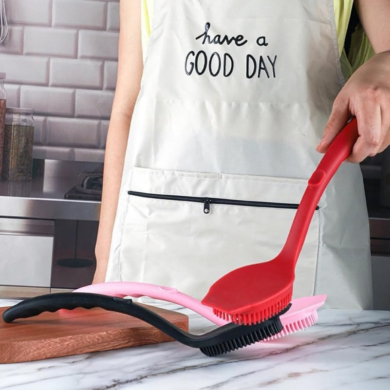 Operitacx Long Handle Silicone Dish Washing Brush for Kitchen Pots Pans and Sinks with Elastic Bristles and Hanging Loop Easy Storage