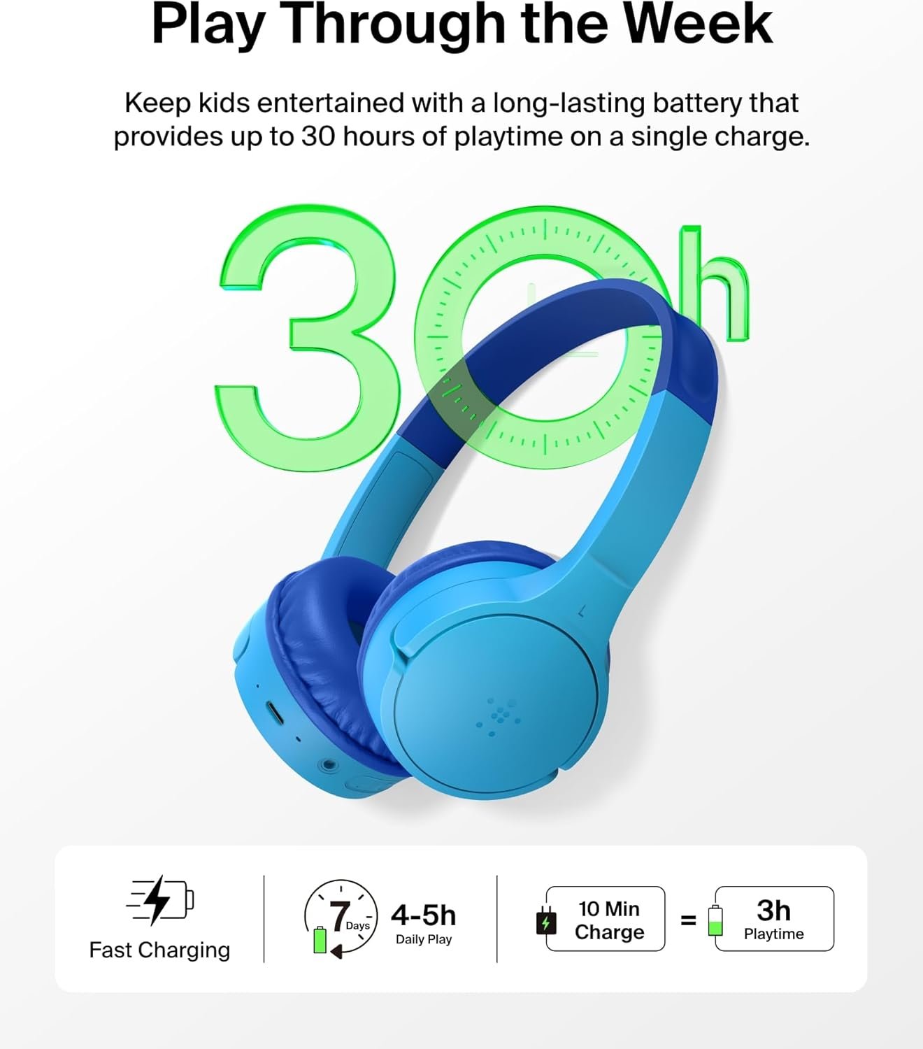 Belkin Soundform Mini Wireless Kids Headphones with Built-In Microphone and Fun Stickers, 30 Hours Playback - Over-Ear Headphones for Teaching, Holidays, Iphone, Ipad, Galaxy - Blue - Black image number 7
