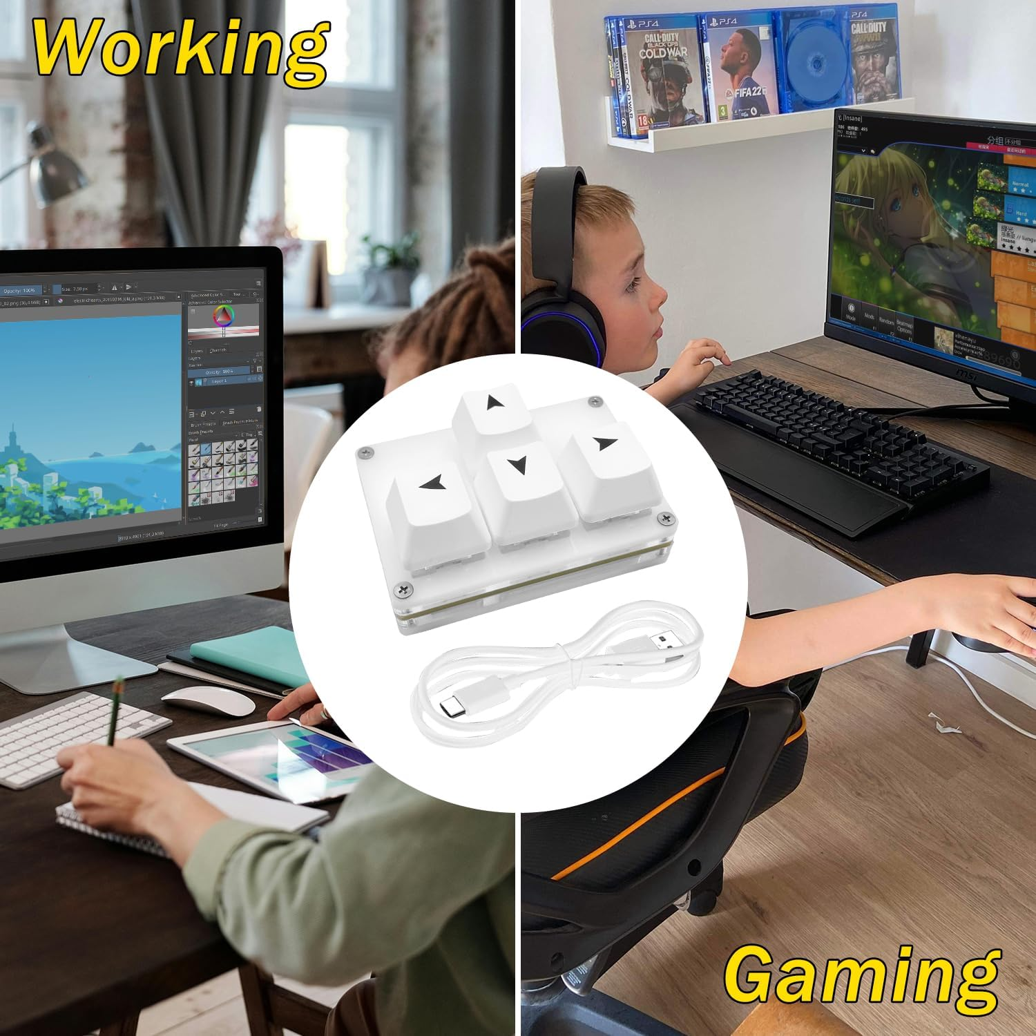 BTXETUEL Mini 4-Key Keypad WASD Arrow Key Keycaps Keyboard One-Handed Mechanical Gaming Keypad Programmable USB-C Customized Keyboard for Working or Gaming (White, Arrow Keycaps 1) image number 1