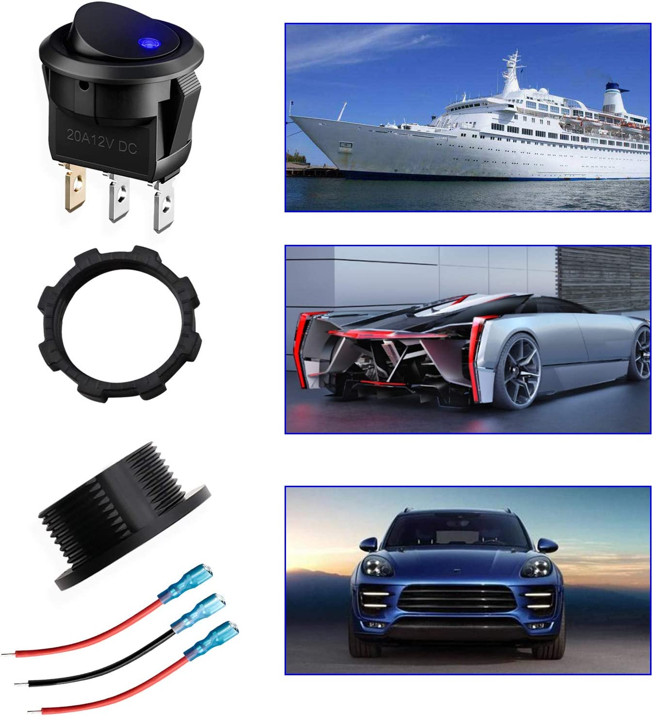 Emsea 3PCS round Rocker Toggle Switch 12-24V 20A Blue LED Light On/Off Control Button 3Pins with 9 Connection Cables for Car Caravan Truck Boat image number 2
