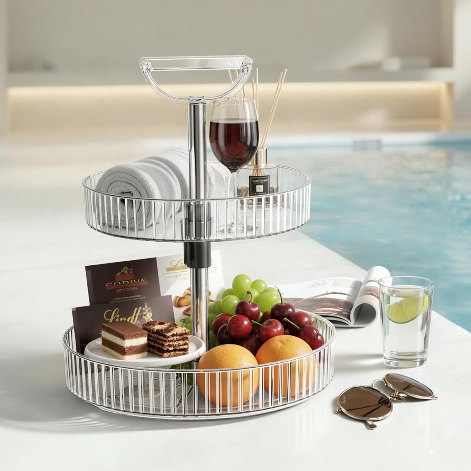 Lazy Susan Organizer, 360&deg; Rotat Turntable Capacity Adjustable Height Storage Rack, Non-Slip Storage Shelf for Kitchen, Cabinet, Countertop,Bathroom,Pantry Organiser (Transparent White) - Jet Black image number 3