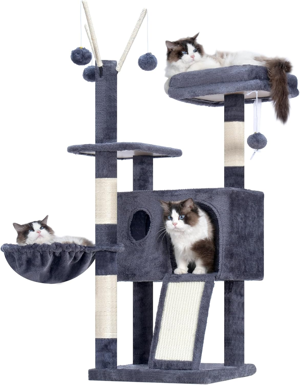 Hey-Brother Cat Tree Tower, Scratching Posts with Removable Toys, Cozy Condo, Platform, Hammock, Sisal Scratch Board and Ball for Indoor Kittens, 105 Cm, Smoky Gray MPJ008SG