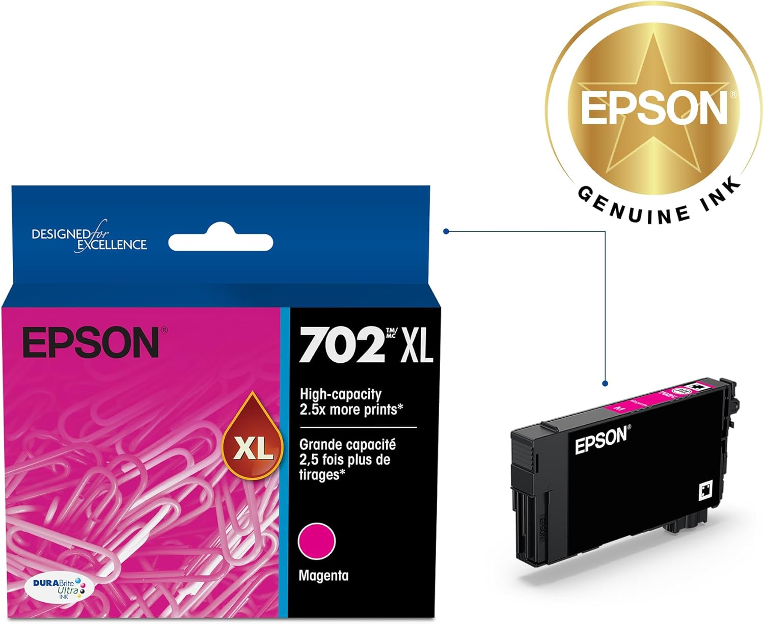 EPSON 702 Durabrite Ultra Ink High Capacity Magenta Cartridge (T702XL320-S) Works with Workforce Pro WF-3720, WF-3730, WF-3733 image number 1