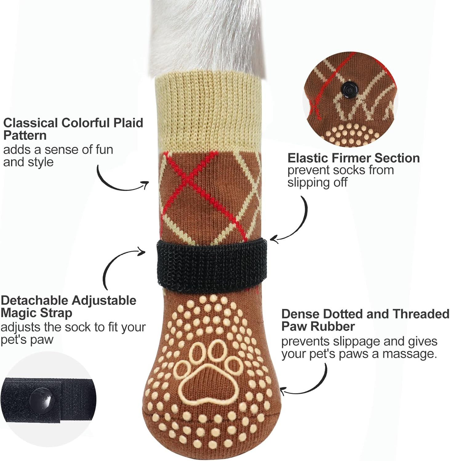 BEAUTYZOO 6PCS Dog Socks to Prevent Licking Paws, anti Slip Dog Shoes for Hot Pavement Hardwood Floors, Traction Control Toe Grips Boots & Paw Protectors for Small Medium Large Senior Dogs, Brown S image number 6