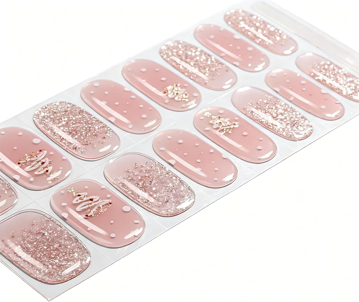 Amiiba 16Pcs Pink Glitter Christmas Tree French No-Baked Gel Nail Wraps,Waterproof Salon-Quality Self-Adhesive Nail Stickers for Women Girls, No UV/LED Lamp Needed (Lasts 14-28 Days) (Pink Glitter)