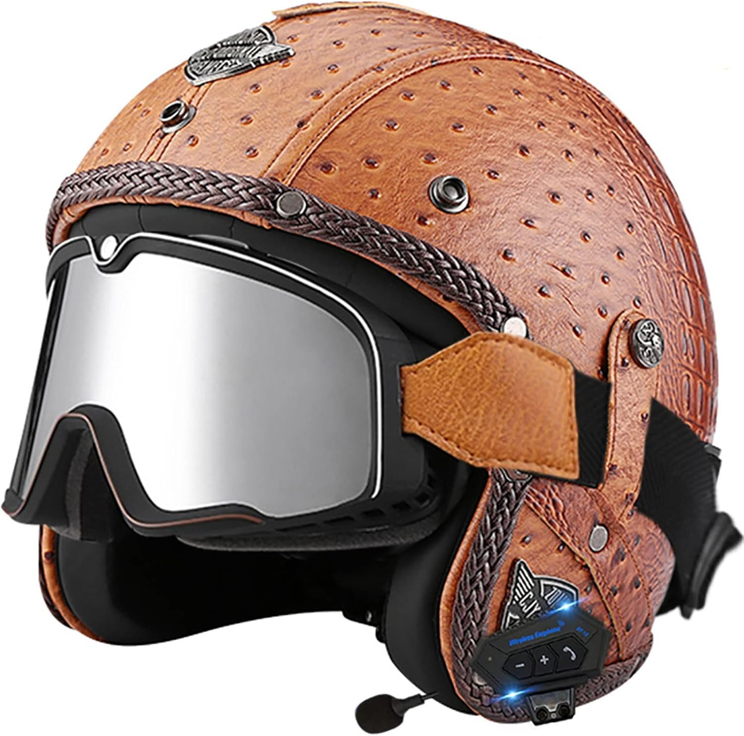 Motorcycle Helmet Vintage Motorcycle 3/4 Helmet with Bluetooth Open Face Leather Helmet with Personalized Visor Fits Adult Men Women DOT/ECE Approved Jet Helmet