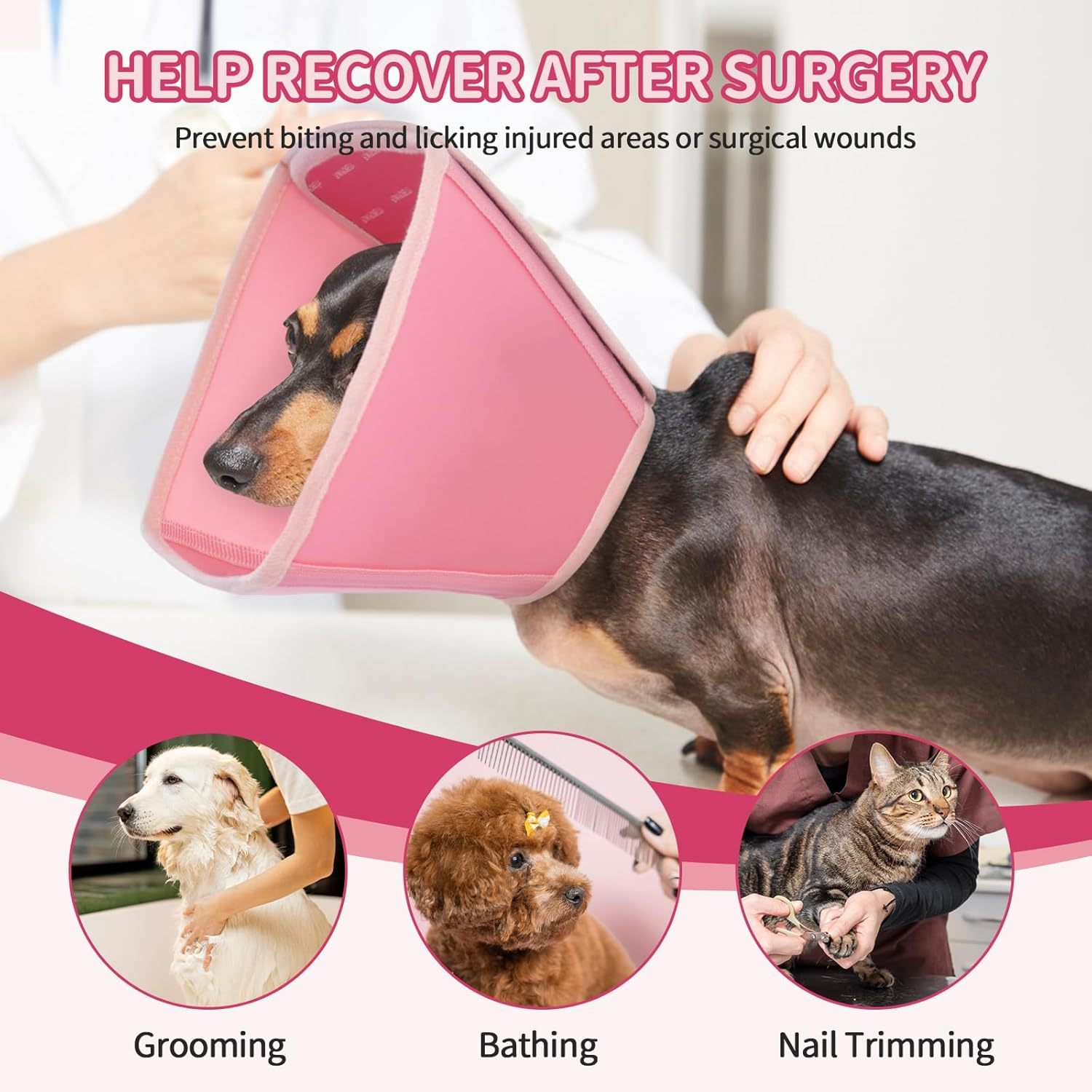 Dog Collar, Protective Collar, Adjustable Dog Collar, Lick Protection for Dogs, Prevention of Bite and Lick Wounds (Pink, XL)