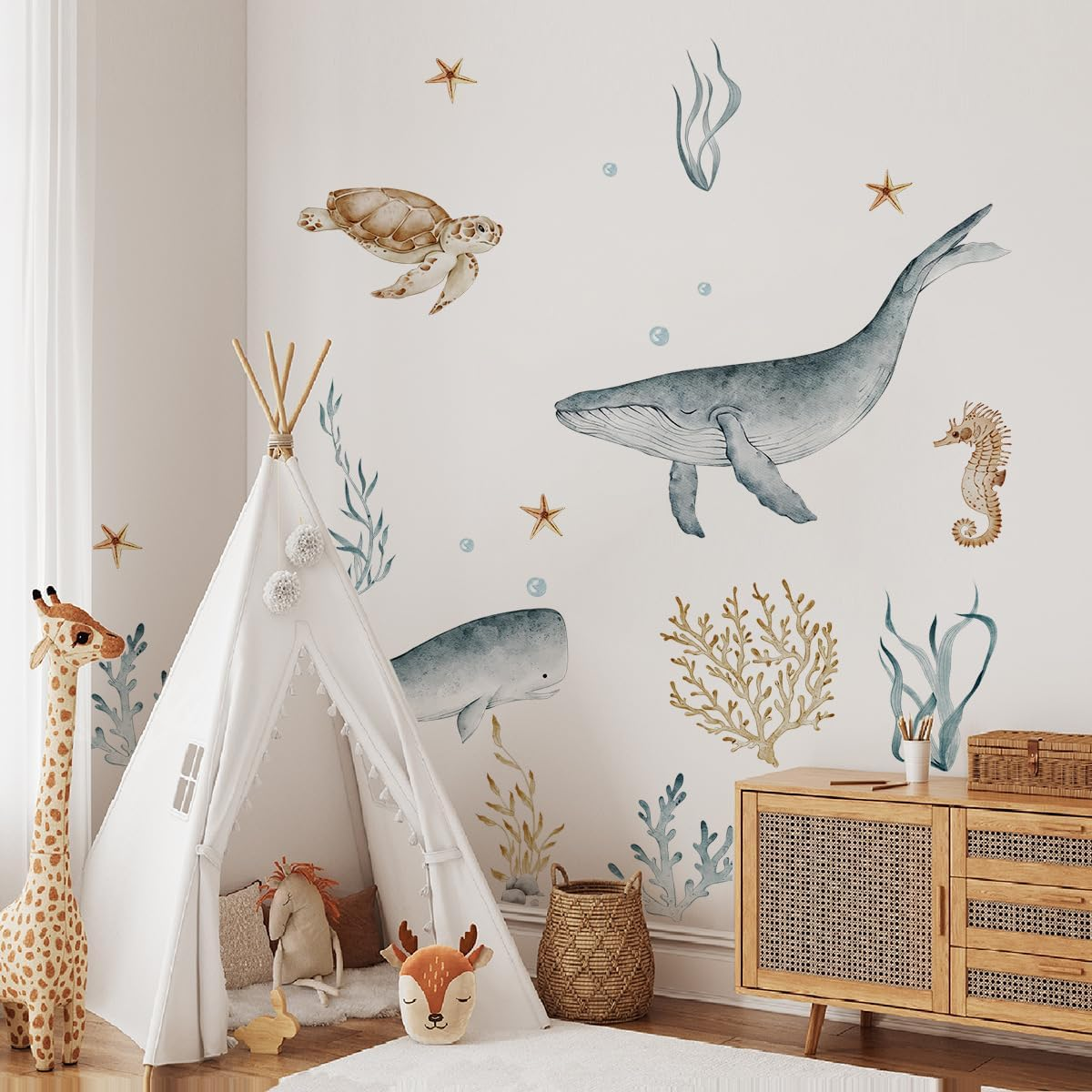 Ocean Wall Decals Watercolor under the Sea Wild Life Animals Sea Turtles Whales Wall Stickers Waterproof Peel and Stick Removable Ocean image number 1
