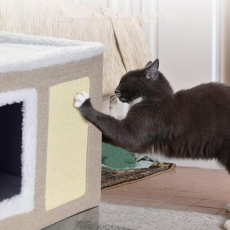 Cat Houses for Indoor Cats - Large Cat Bed Cave with Scratch Pad and Fluffy Ball, Foldable Cat Condo Hideaway with Reversible Cushion for Multi Small Pet (Khaki, 40 * 40 * 15) - Dark Grey image number 4