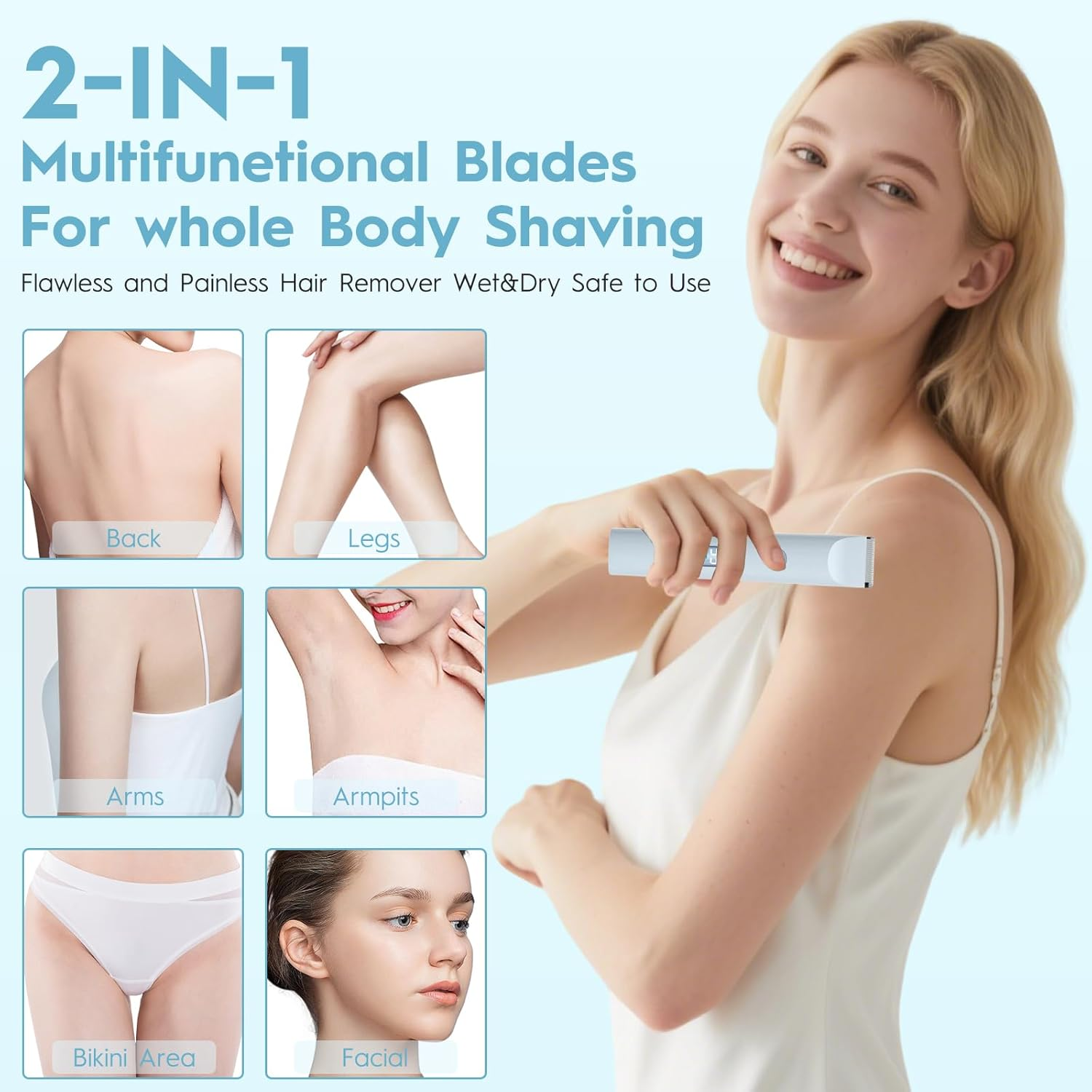 2 in 1 Electric Razors for Women, Rechargeable Bikini Shaver, Waterproof Dual Head Shaver with LCD Display, Painless Hair Removal (Glacier Blue) image number 6