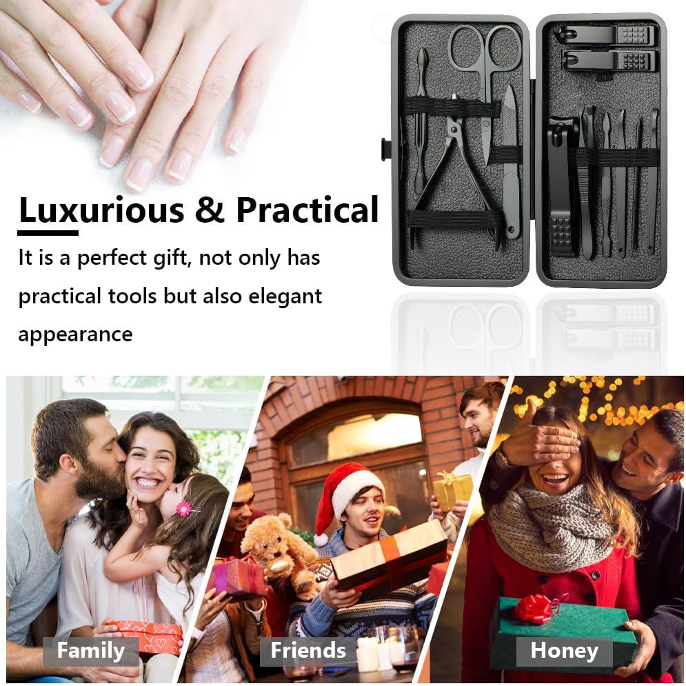 AYBUY Manicure Set, 12-Piece Pedicure Nail Clippers, Stainless Steel Care Tools with PU Leather Bag, Professional All-Round Hand Foot Care Kit for Men and Women (Black) image number 2