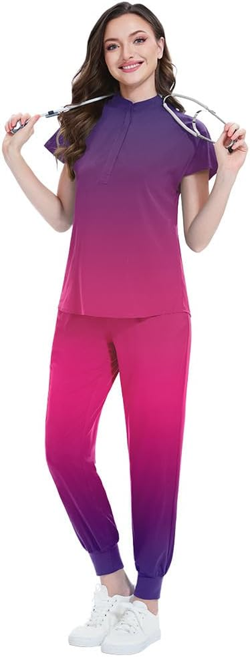 Meichoon Scrubs Set for Women Medical Uniform Set with Gradient Color Stand Collar Short Sleeve Top Elastic Jogger Pants Moisture-Wicking DK63 image number 1