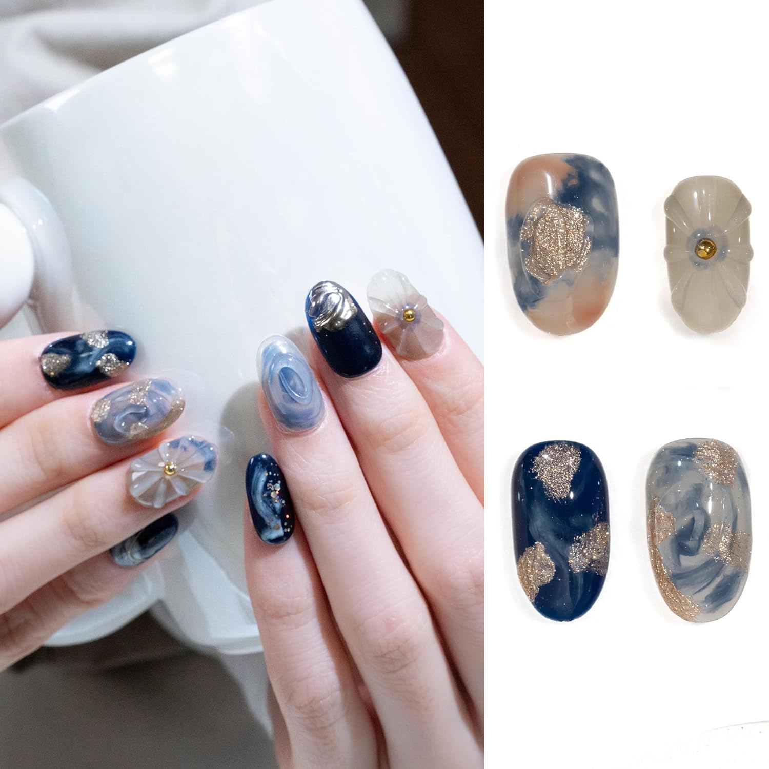 Sun&Beam Nails Handmade Press-On Medium Almond Blue Gold Ombre Gradation Flower Design Fashion False Nail Tips 10 Pcs Set (#287 XS) - M image number 5