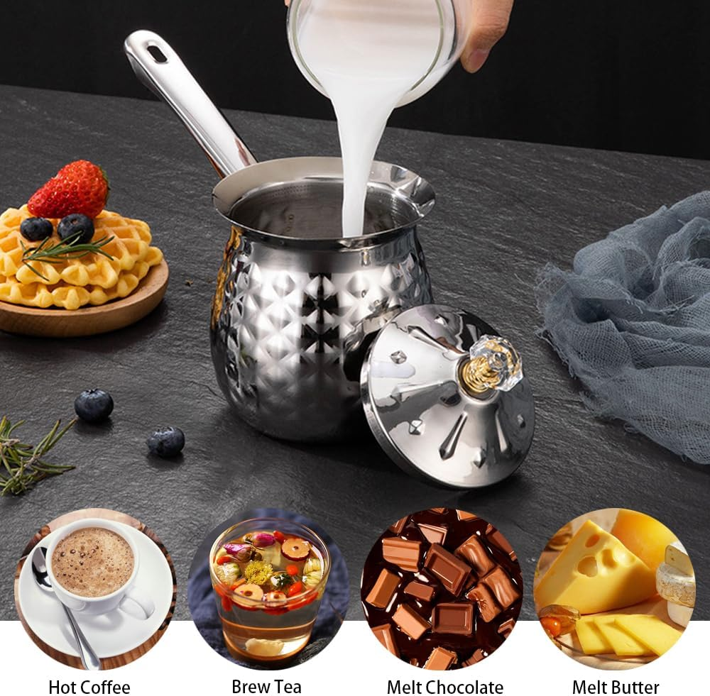 Turkish Coffee Pot, Turkish Coffee Maker, Chai Pot, Arabic Coffee Pot, Greek Coffee Pot, Greek Briki, Turkish Coffee Cezve, Turkish Coffee Pot Ibrik, Silver, 400 Ml / 13.5 Oz image number 5