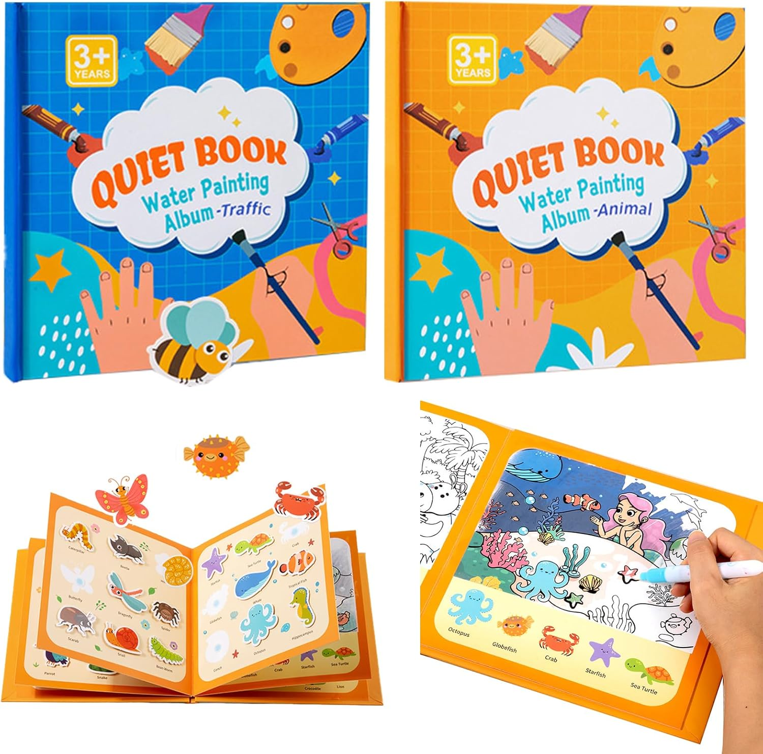 Montessori Busy Board, Water Coloring Books, 2-In-1, 2 Pack: Animal &Traffic Themes, Mess Free Travel Quiet Books for 36 Months - 6 Years, Kids Learning Educational Sensory Toys, Birthday Gifts image number 4