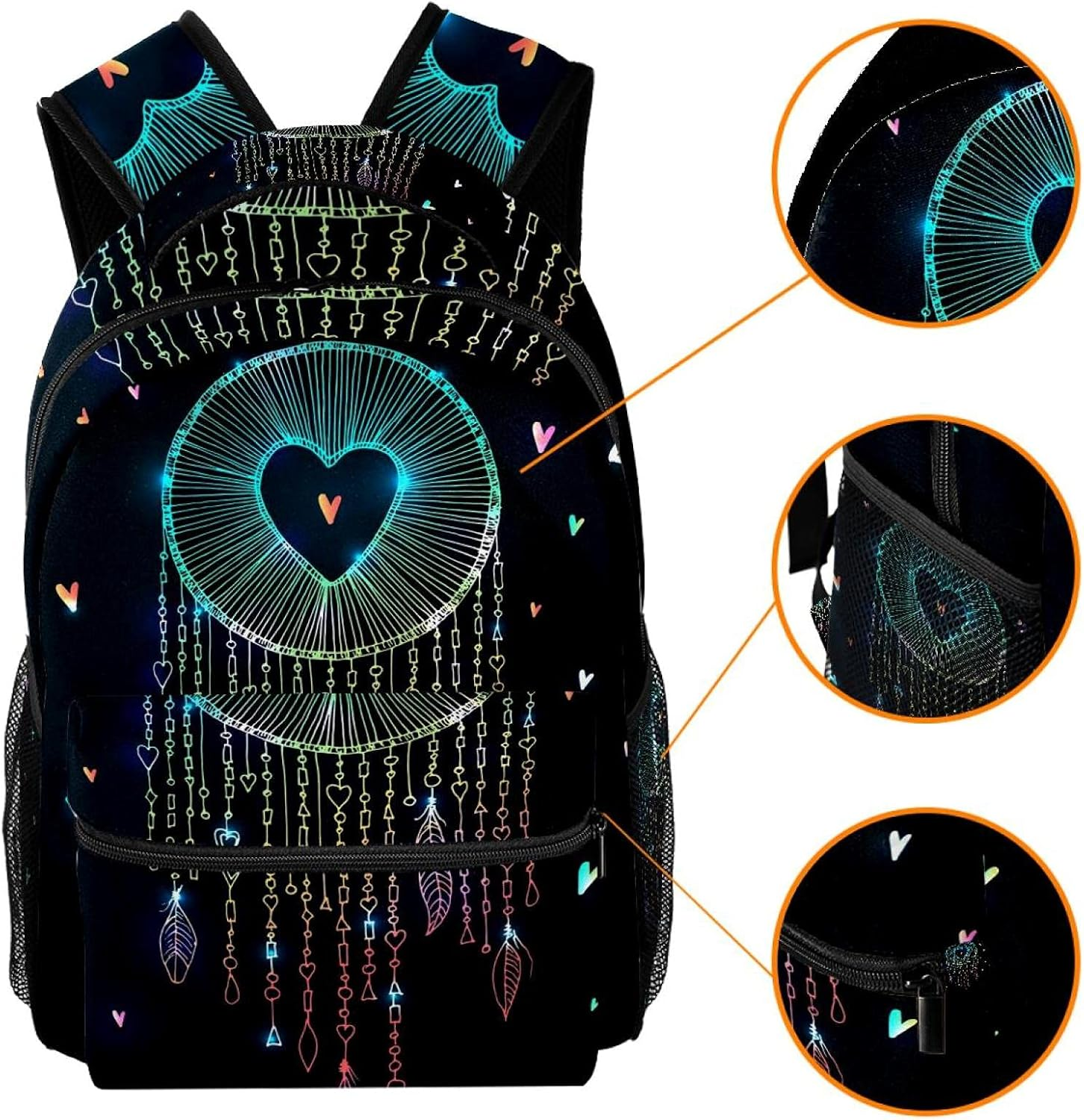 Sparkling Dream Catcher with Heart Shape Backpack Students Shoulder Bags Travel Bag College School Tote Backpacks