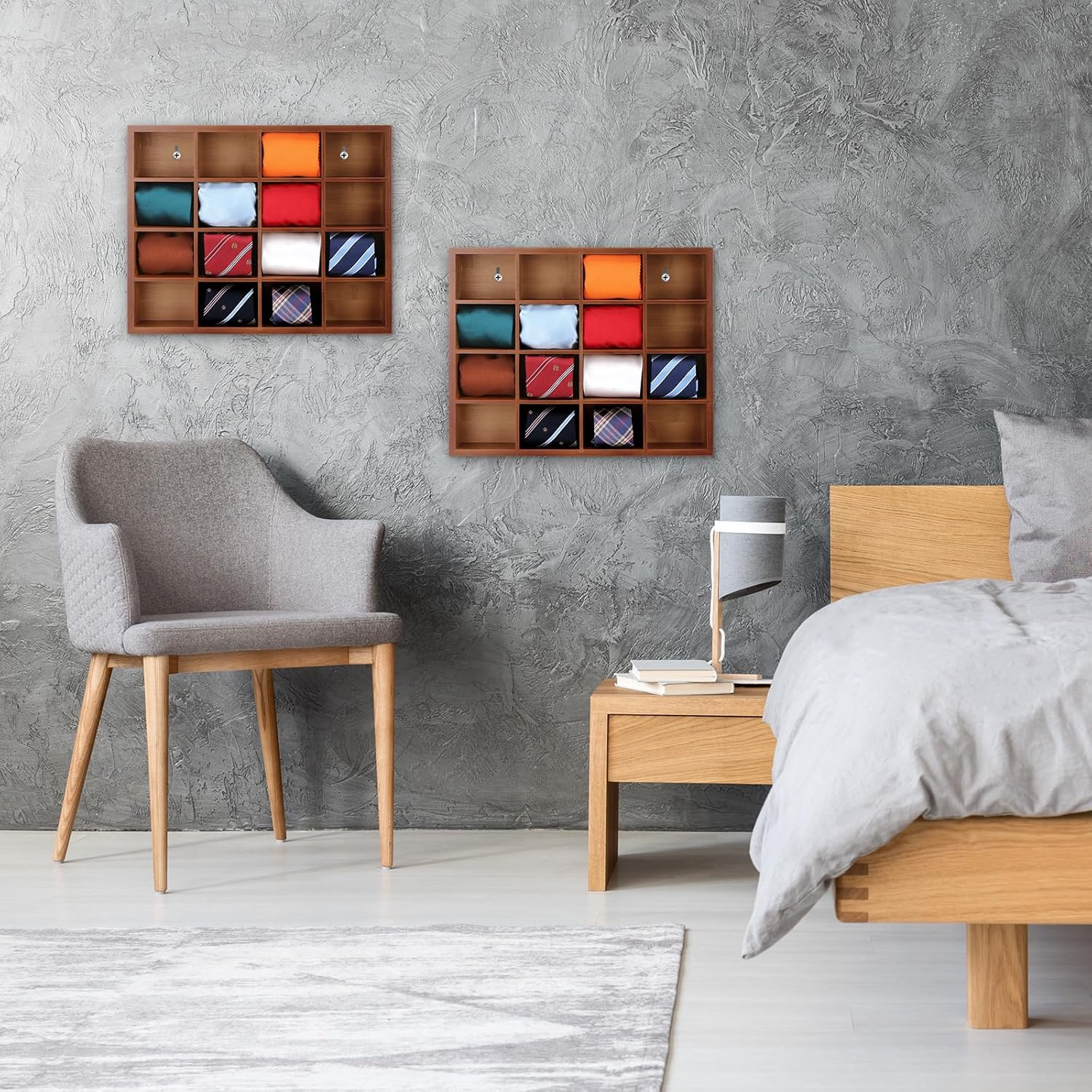 Wesiti Tie Box Organizer Wall Mounted Tie Rack with 16 Compartments Bamboo Belt Holder for Men Scarf Necktie Home Wall Closet(Dark Brown Color,2 Piece) image number 4