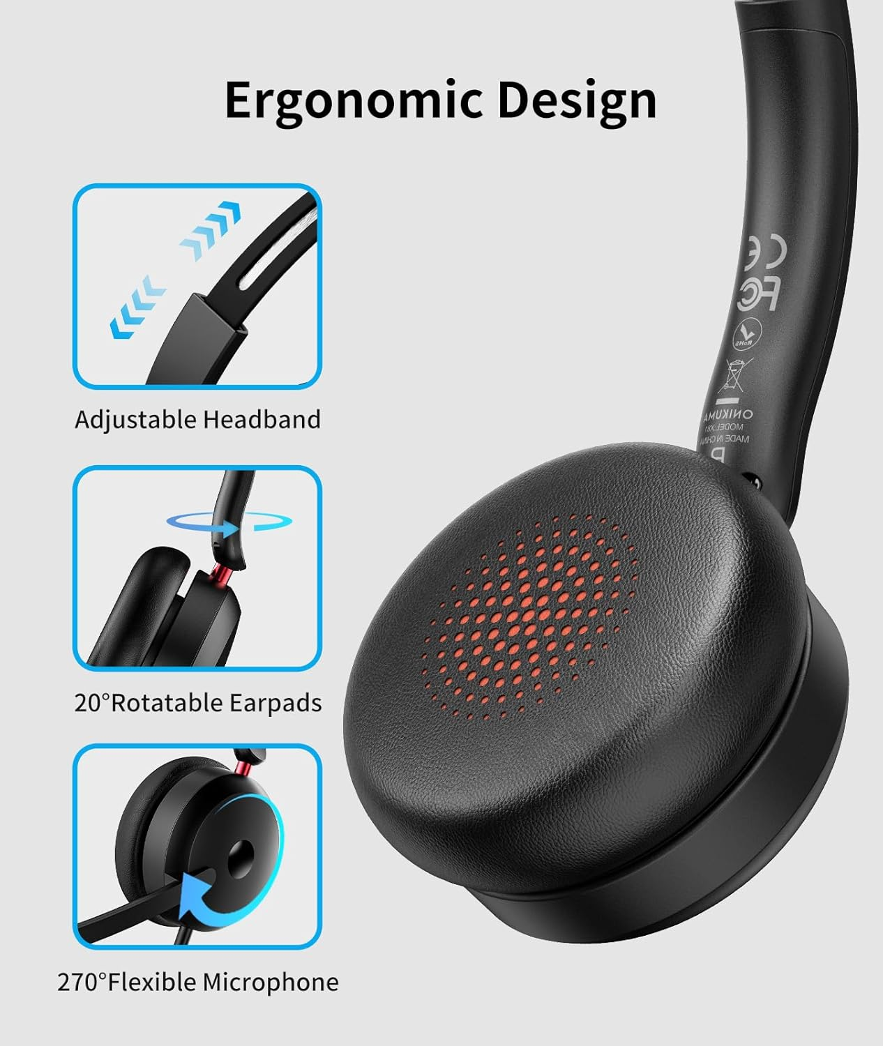 USB Headphones with Noise Cancelling Microphone, Wired On-Ear Office Headsets for Pc/Laptop, Line Control & Soft Earmuffs for Call Center, Video Conferencing, Remote Work, USB-C & USB-A & 3.5MM Aux image number 4