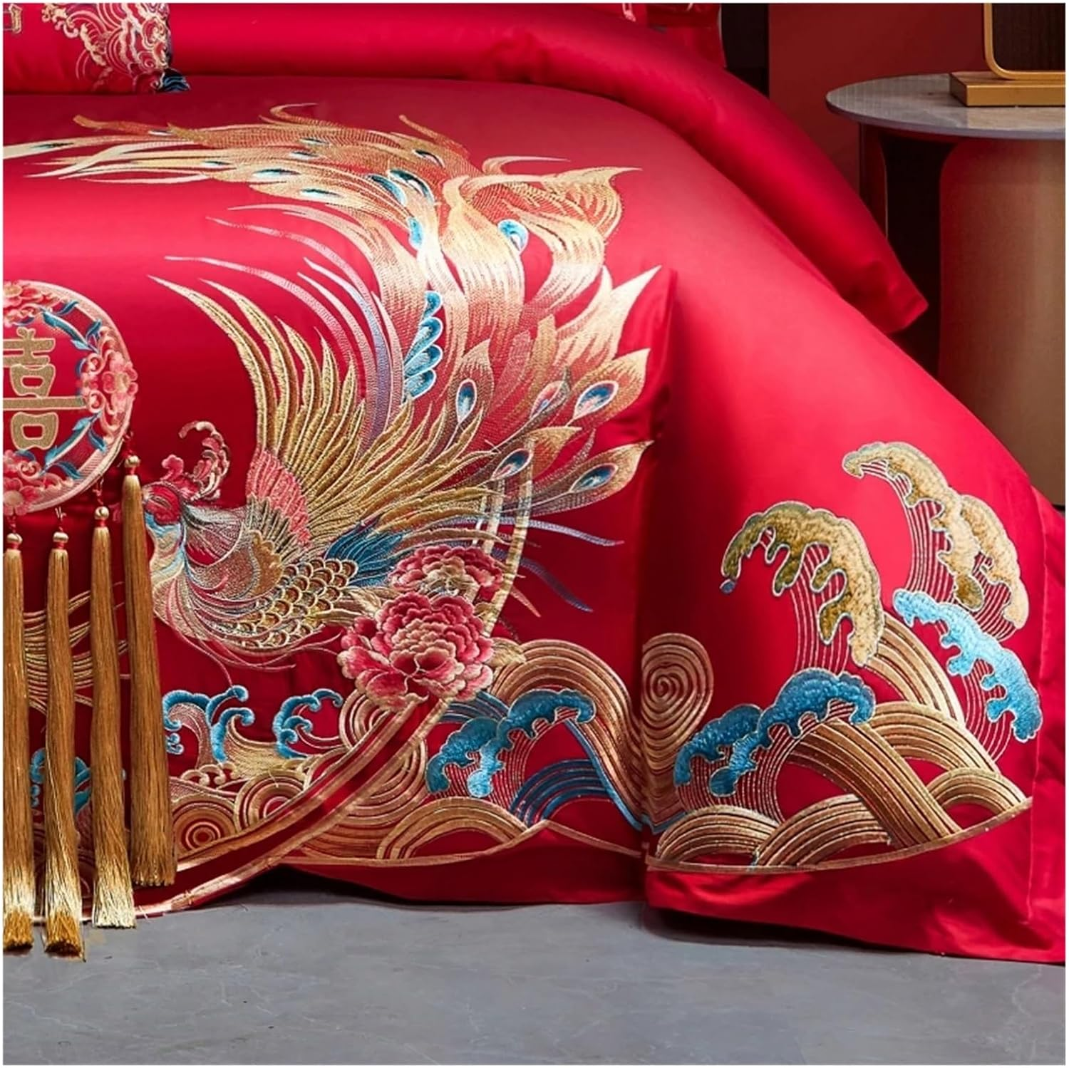 Chinese Wedding Luxury Bedding Set Gold Tassels Loong Phoenix Embroidery Red Duvet Cover Bed Sheet Pillowcases Home Textile,Bedding(Phoenix Dancing,Queen Size 8Pcs) image number 2