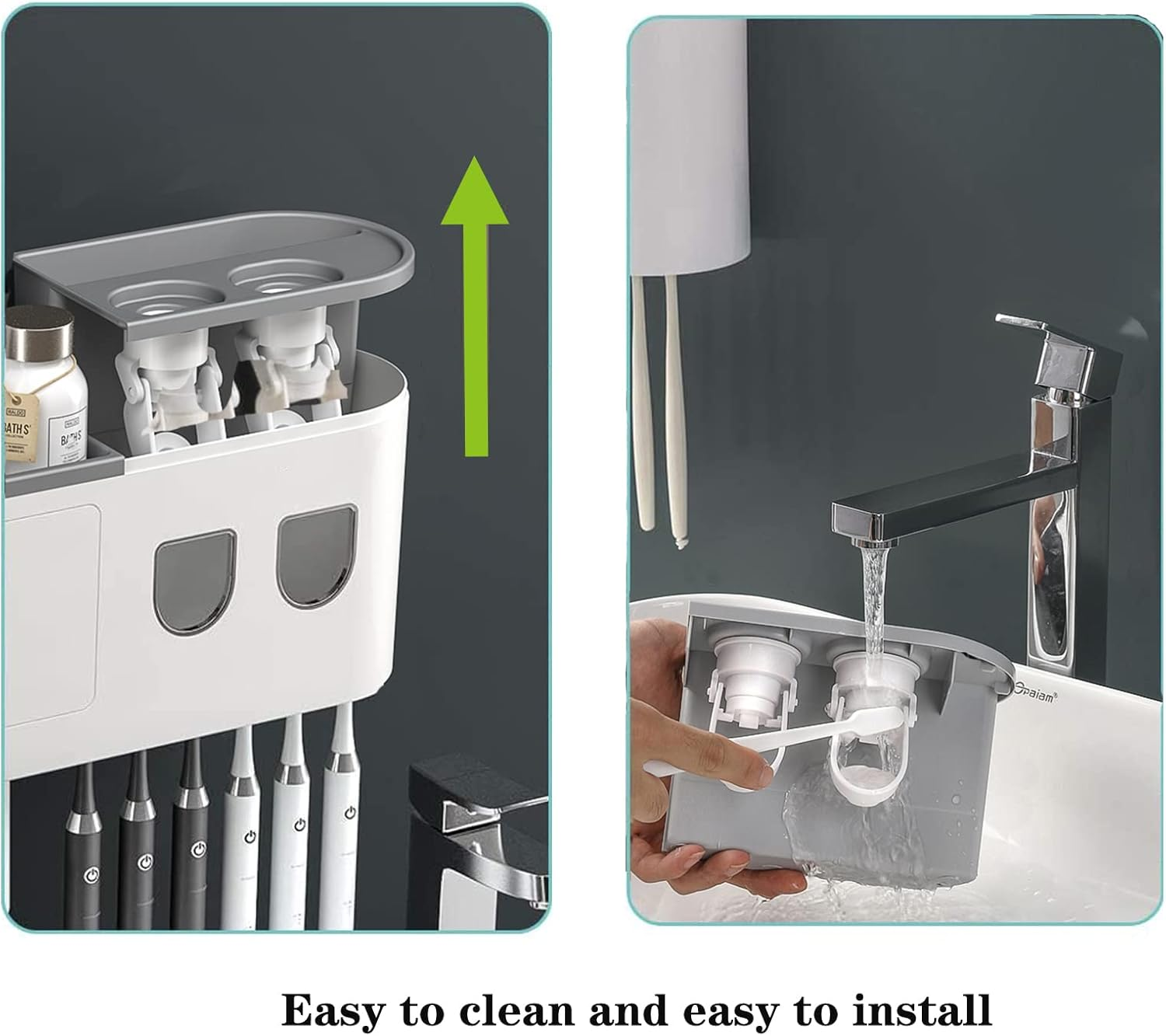 Hushnow Toothbrush Holder Wall Mounted,Double Automatic Toothpaste Dispensers with 6 Brush Slots 3 Magnetic Cups 1 Cosmetic Drawer Organizer 1 Large Storage Tray,Grey Toothbrush Holder Set - 3 Grey image number 5