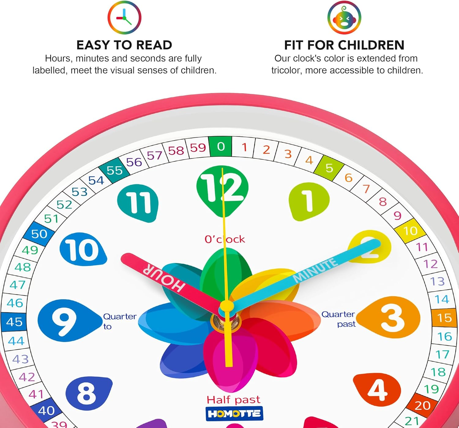 Homotte Analog Learning Clock for Kids, 10 Inch Pink Wall Clock for Bedroom, Telling Time Teach Clock, Children'S Silent Non-Ticking Educational Wall Clock for Classroom Girls Home Decor image number 2