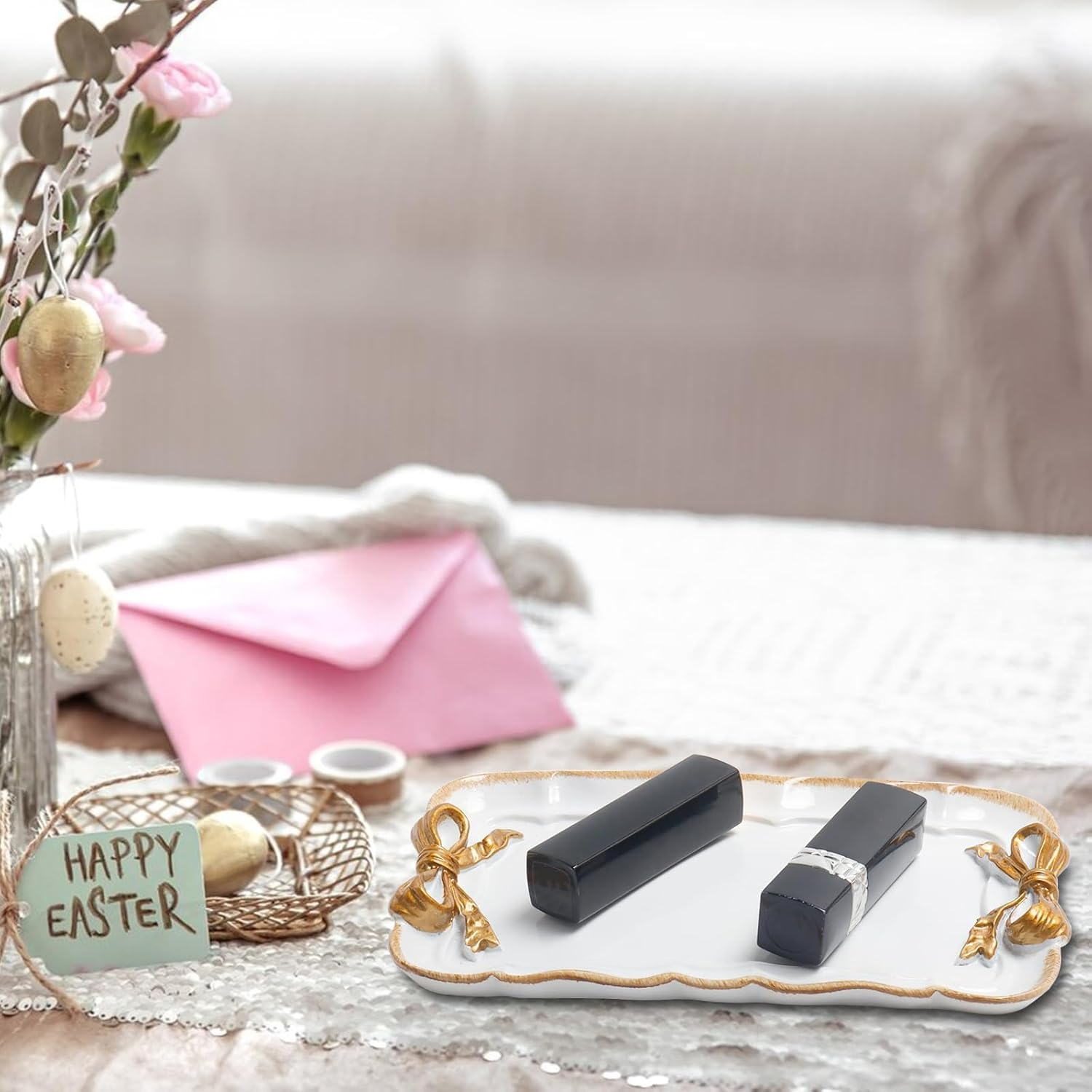 Vintage Jewelry Organizer, Decorative Tray for Jewelry, Towel, Storage, Rings, Bracelets, Earrings, Cosmetics, Retro Design, Bow Decor Resin Plate Coquette for Room Decor, White image number 6