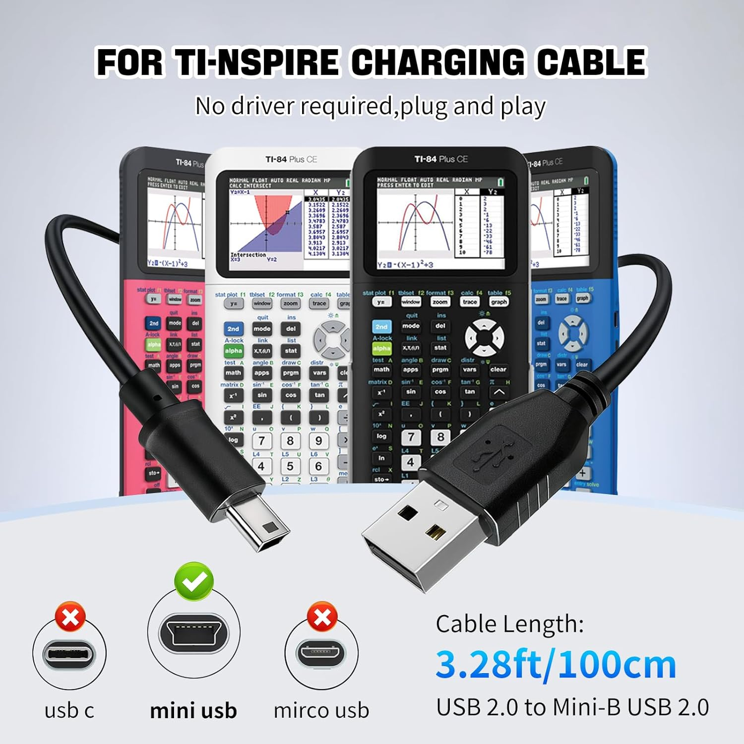 Ti 84 plus Ce Charger, Ti84 plus Ce Charger Cable for Texas Instruments Calculators TI84 plus TI-84 C Silver Edition TI 89 Titanium TI Nspire CX TI Nspire CX CAS Calculator Charger image number 2