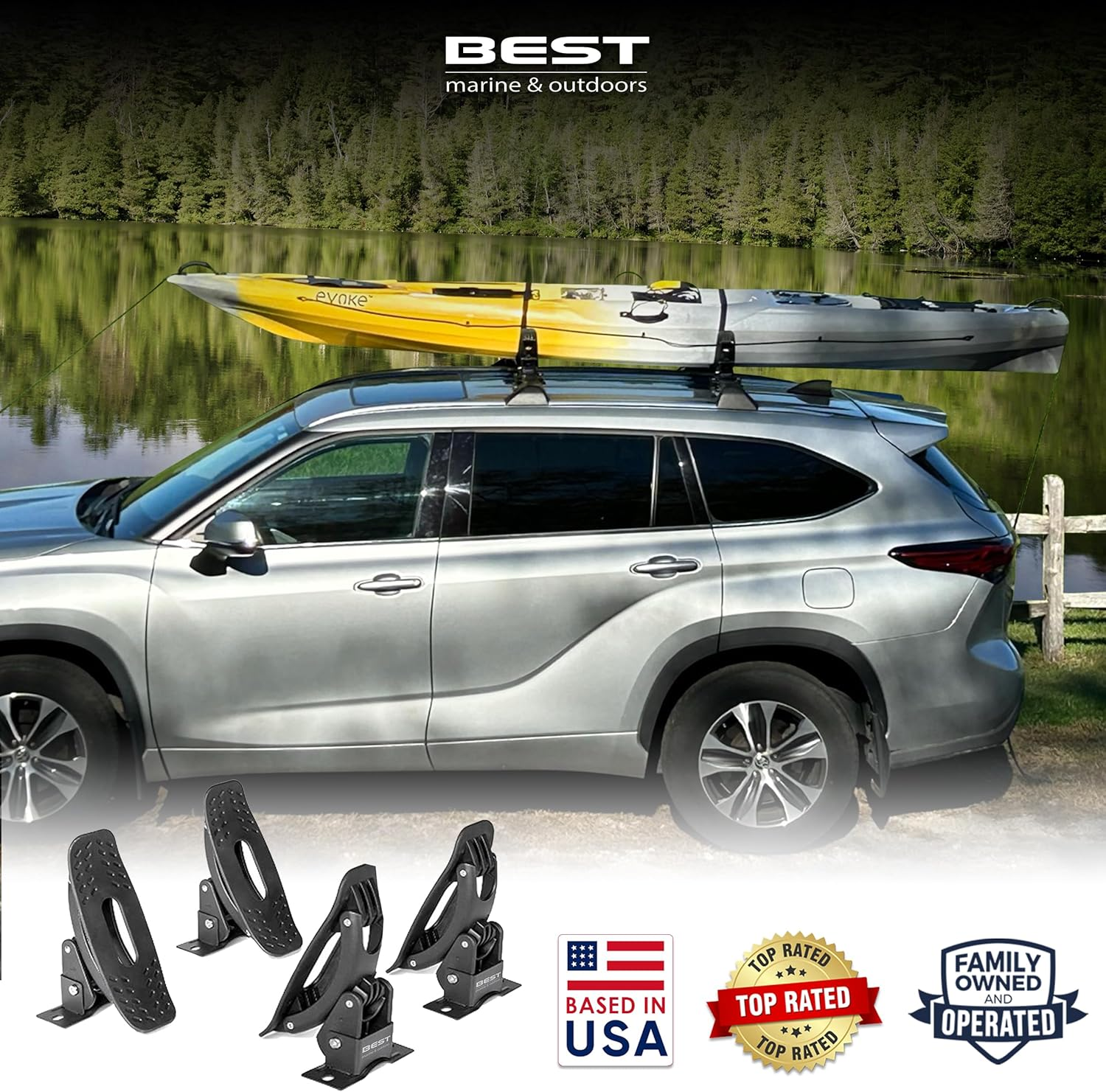 Best Marine and Outdoors Kayak Roof Rack Saddles | Universal Carrier Cradles for Kayaks & Canoes Rooftop Mount Cars, Trucks SUV Crossbars Rails Straps Included Black image number 2