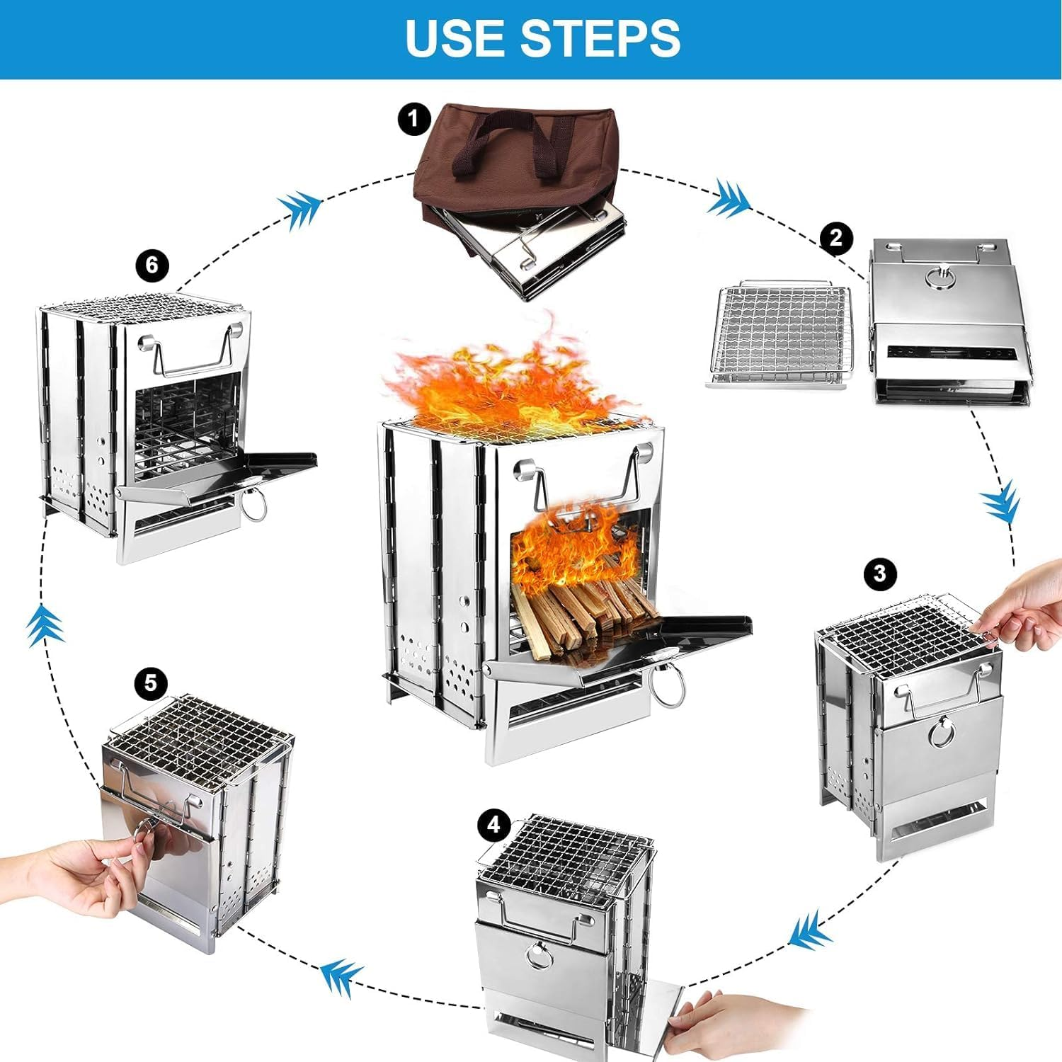 Wood Burning Camp Stove Folding Stainless Steel, Portable Fire Pit Camping Wood Stove with Grill for Hiking Cooking Picnic BBQ (Medium)