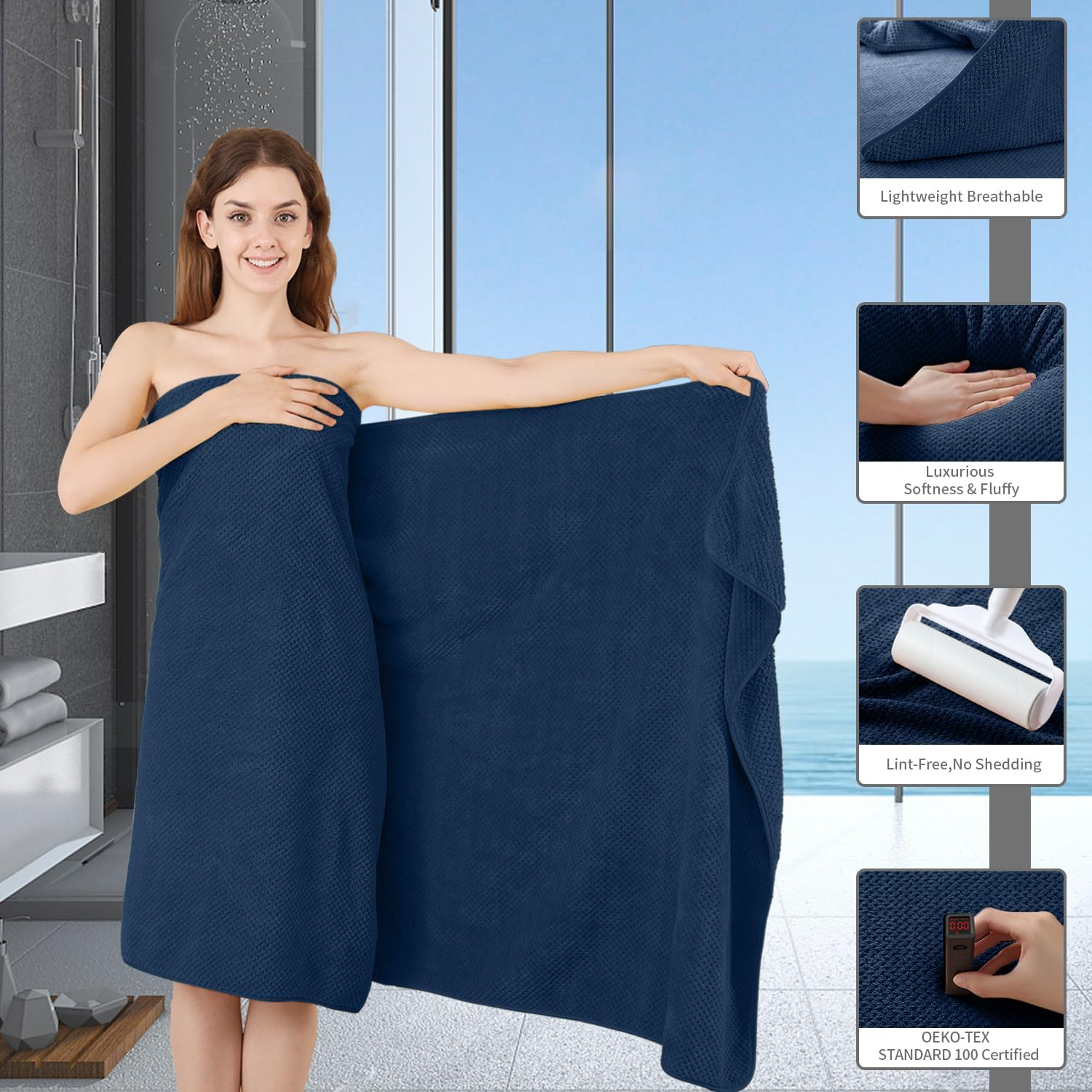 8 Piece Bathroom Towel Set Navy Blue |2 Oversized Large Bath Towels Sheet,2 Hand Towels and 4 Washcloths| 600GSM Ultra Soft Luxury Premium Towel Set Highly Absorbent Quick Dry Hotel Towel Collection image number 3