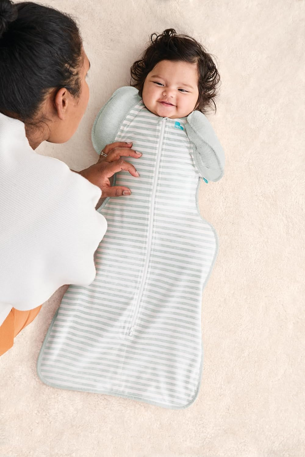 Love to Dream Transition Bag 0.2T Stretch Cotton Medium Large (8.5-11Kg) Stage 2, Soft & Breathable, Lightweight for Comfortable Sleep, Ideal for Newborns, Stripe Print, Olive image number 3