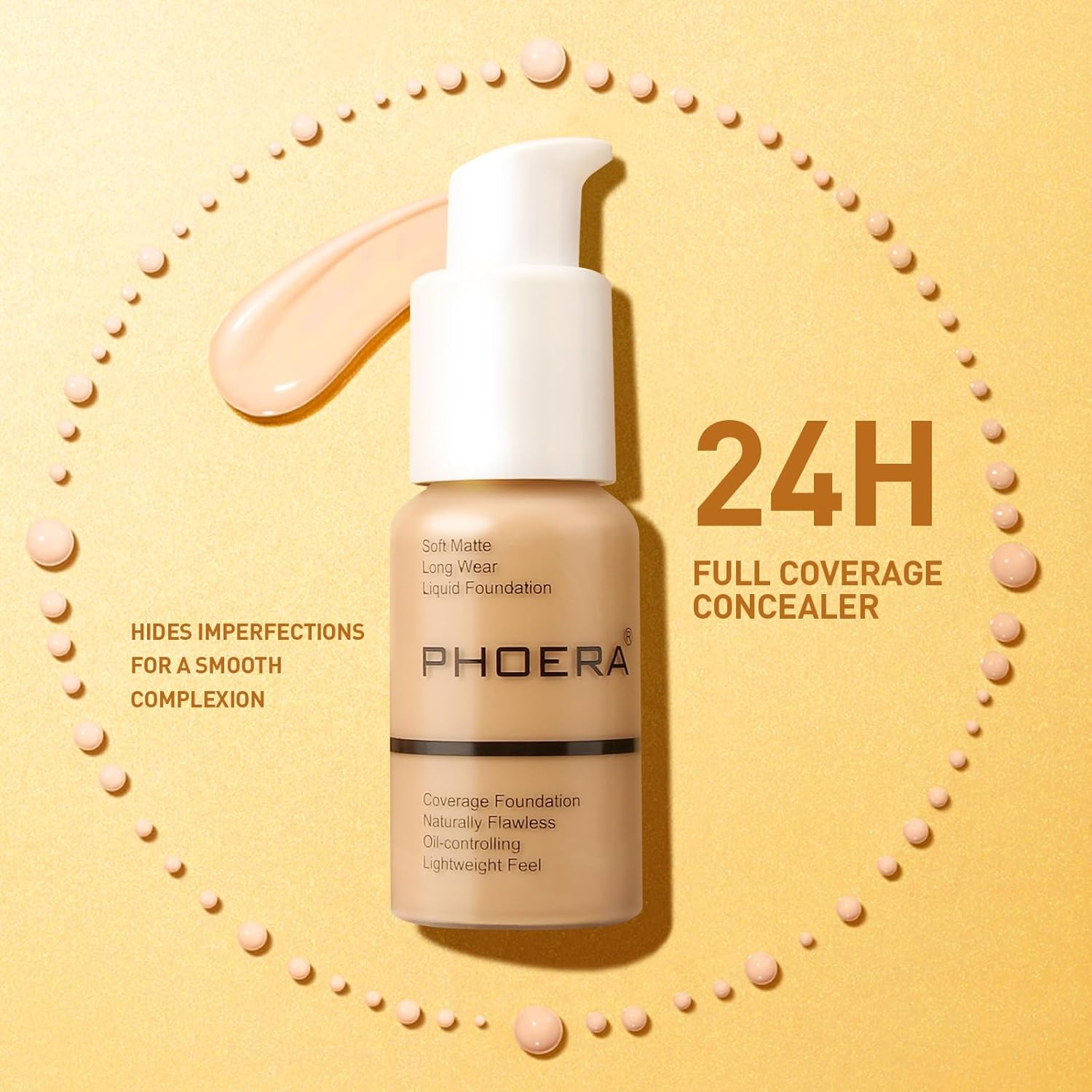 PHOERA Face Foundation,Liquid Foundation,Foundation Full Coverage,Long Lasting Perfect 30Ml Matte Oil-Control Concealer 6 Colors Optional,Great Choice and Gift (#105 Sand, 30Ml)