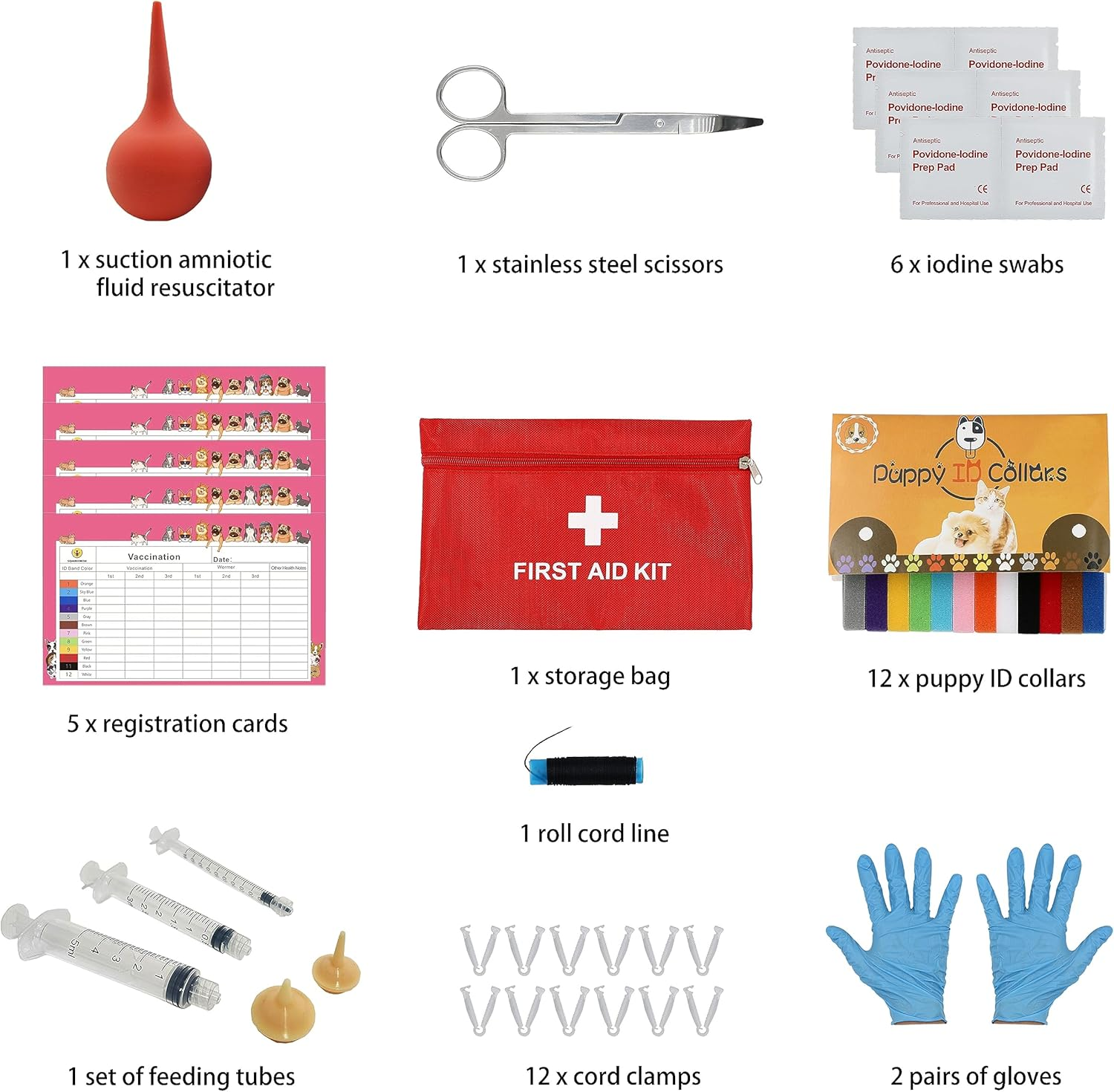 SQUARECIRCLE Complete Dog Whelping Kit with Feeding Nipple, Record Keeping Charts, ID Collars, Aspirator, Cord Clamps & More - Essential for Newborn Puppies (Red No Pad) image number 2