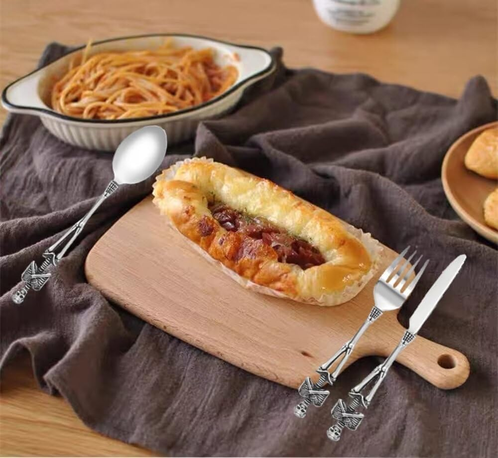 SENIURIS Skeleton Silverware Set, Personality Skull Stainless Steel Unique Design Spoon Fork for Halloween Easter and Christmas. (Skeleton with Knife) - Skeleton Set image number 4