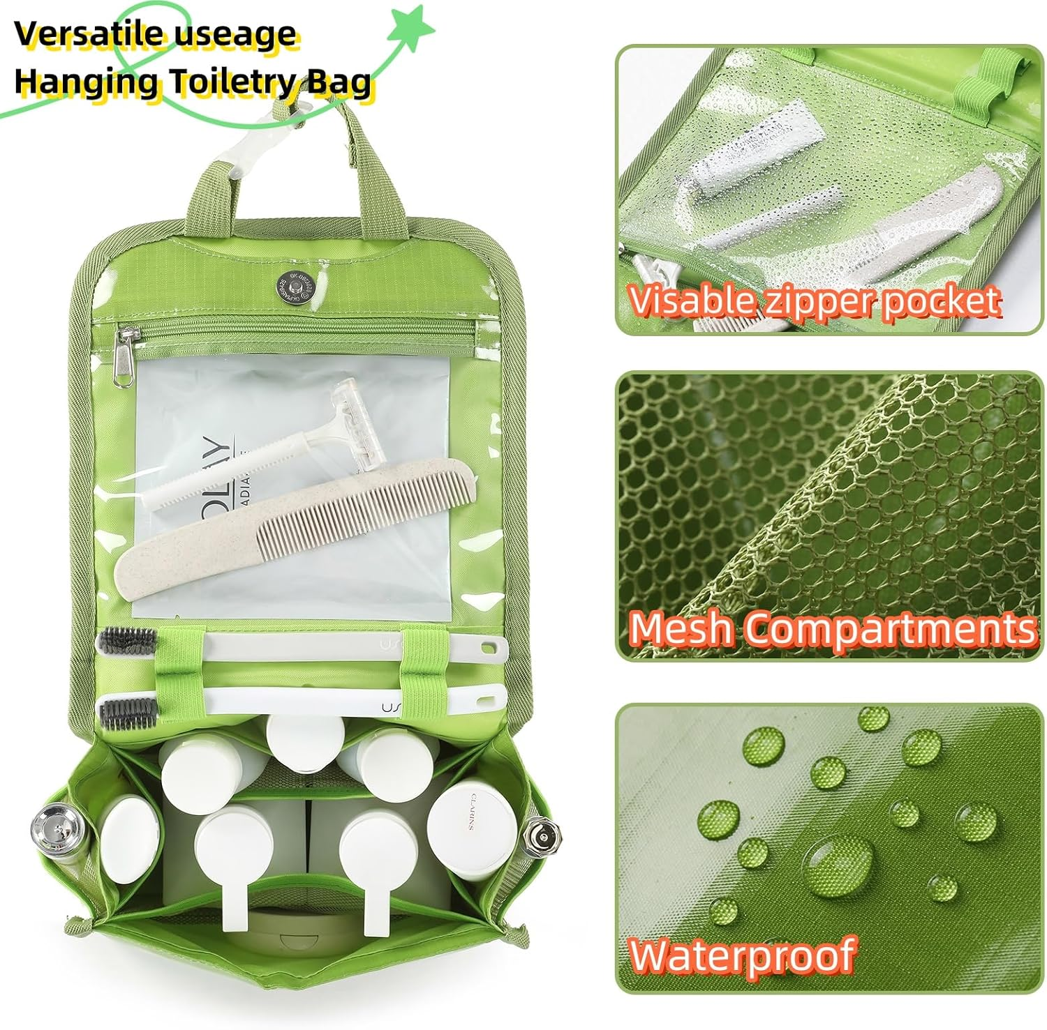 NQQNQQ Hanging Toiletry Bag for Men & Women, Waterproof Travel Makeup Organizer, Large Capacity with Multiple Compartments, Shaving & Full-Sized Toiletries Storage Bag. SO-T (Green) - Green image number 5