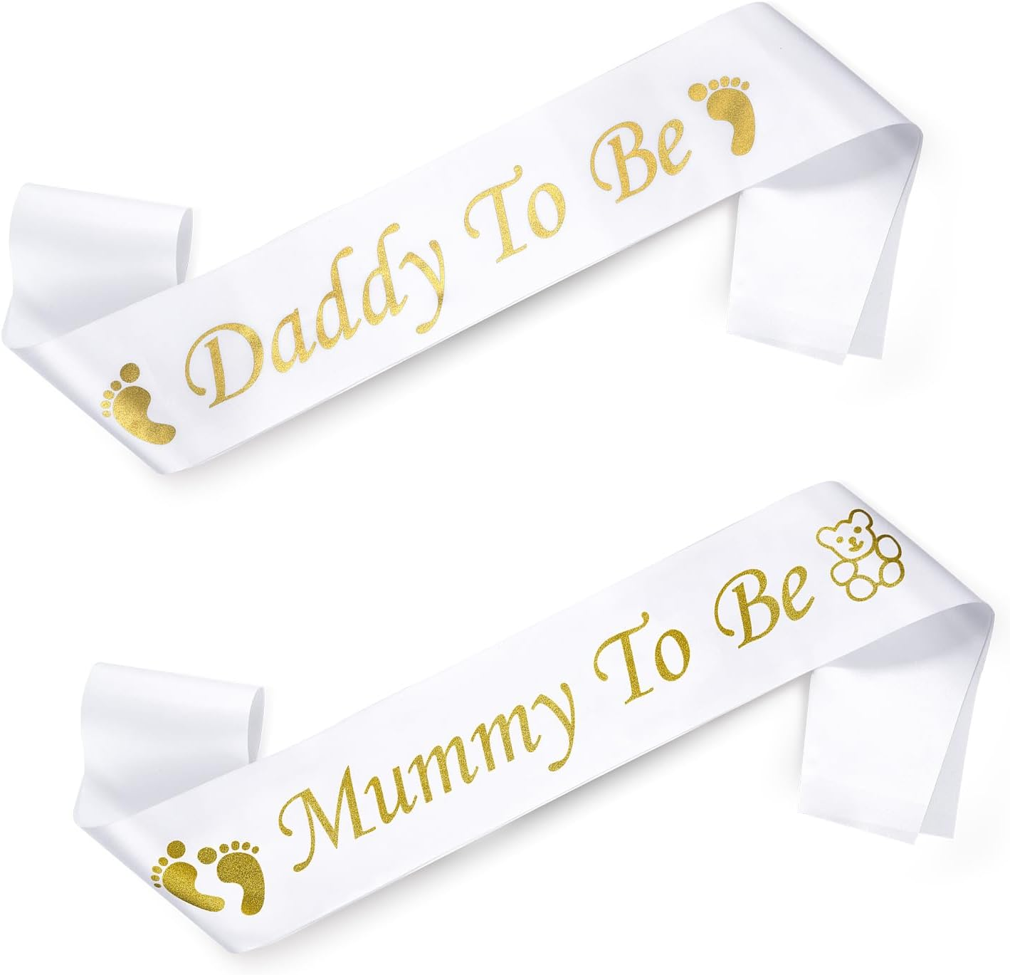 2Pcs Mummy to Be Sash Daddy to Be Sash Gold and White Mummy and Daddy to Be Sash Silky Baby Shower Sash Party Decoration for Mum Dad Family(79 X 9.5Cm)