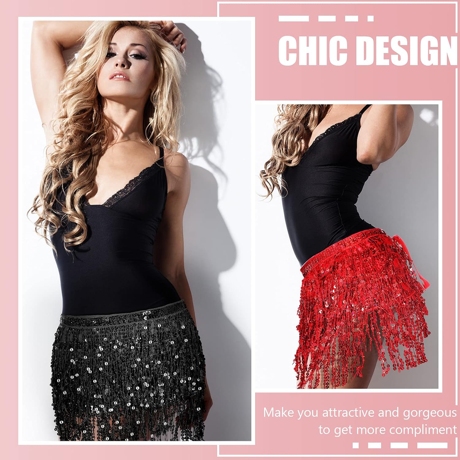 Sequin Fringe Skirts Belly Dance Skirt Festival Tassel Skirt Hip Scarf Wrap Outfit Costumes for Women and Girls image number 2