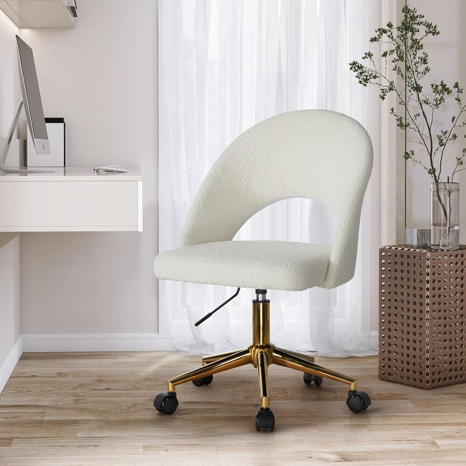 Oikiture Office Desk Chair with Boucle Cover Armless Home Office Chair for Home Office Bedroom White and Gold