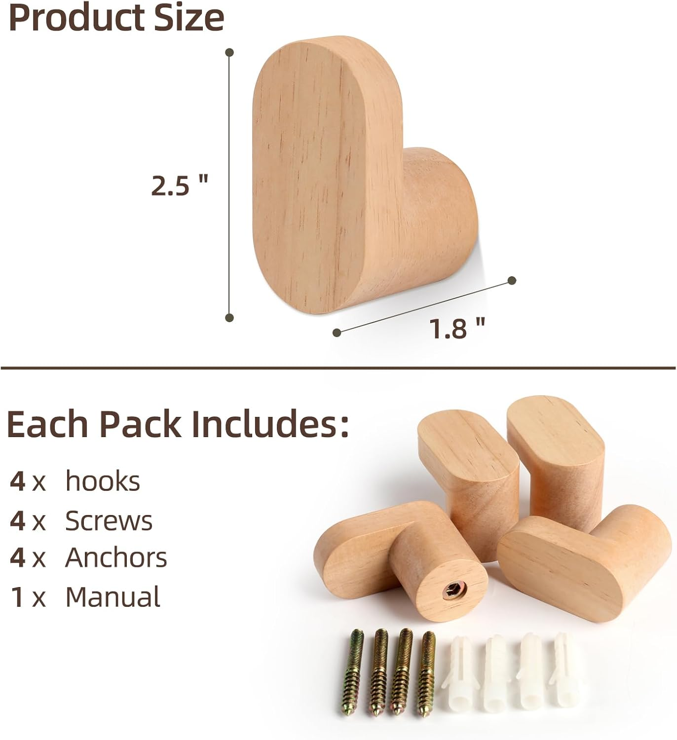 LIVESO Wood Wall Hooks, Modern Minimalist Wood Hooks Wall Mounted, Natural Wooden Wall Coat Hook Rack, Wooden Pegs for Hanging Hat, Towel, Robe, Bag (Pack of 4Pcs)