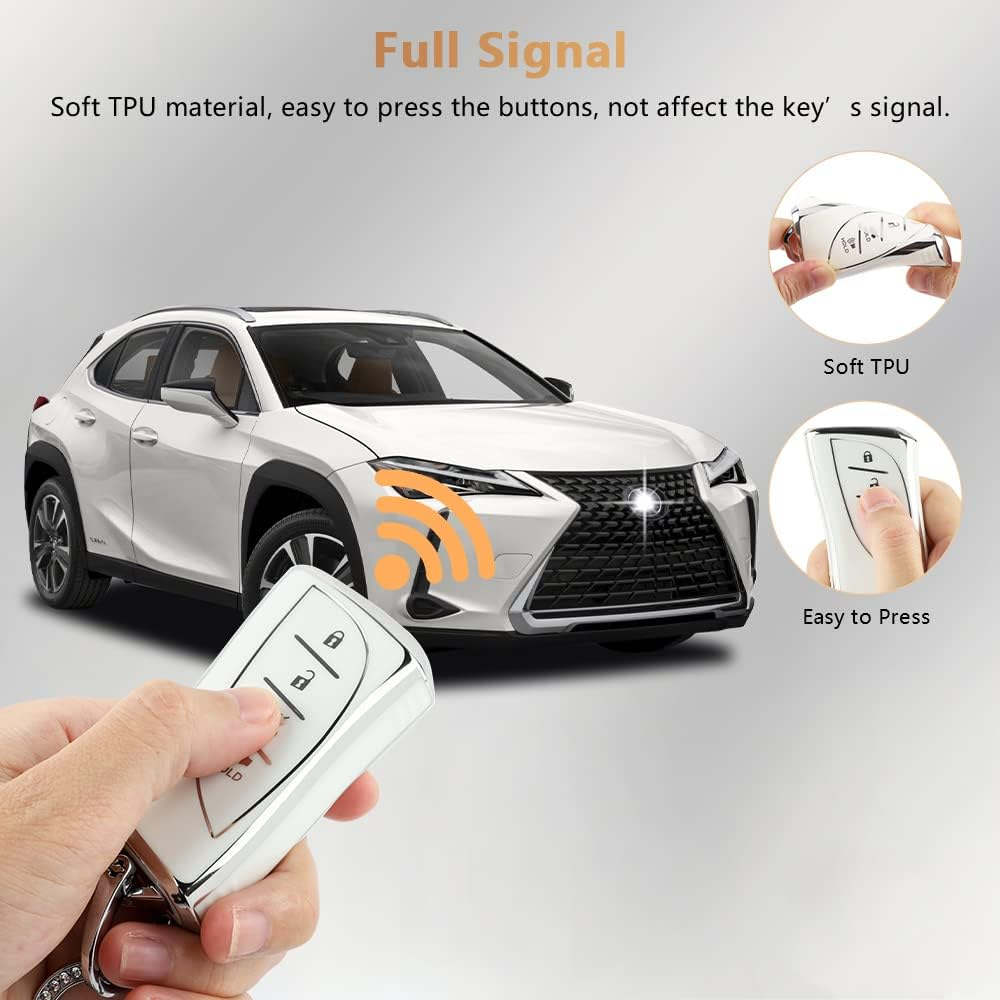 PIFOOG Lexus Key Fob Cover Bling Keychain TPU Car Keys Case Shell Protector Protection for Lexus GX ES NX LC RC LS UX Accessories 4 Buttons, White and Silver Edge, for Lexus image number 2