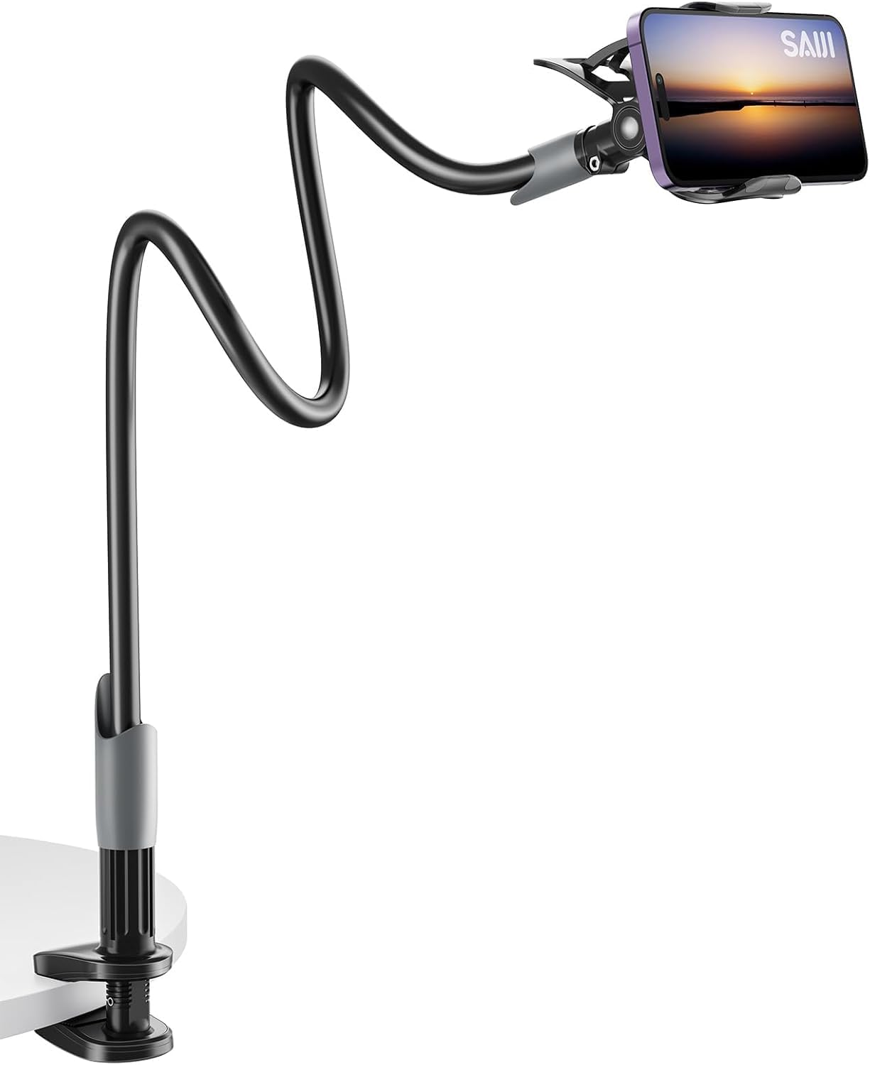 SAIJI Gooseneck Bed Phone Holder, Flexible Long Arm Phone Mount for Desk, Clip Bracket Clamp Stand, Iphone Stand, Mobile Cell Phone Stand Document Camera Nintendo Switch (Black)